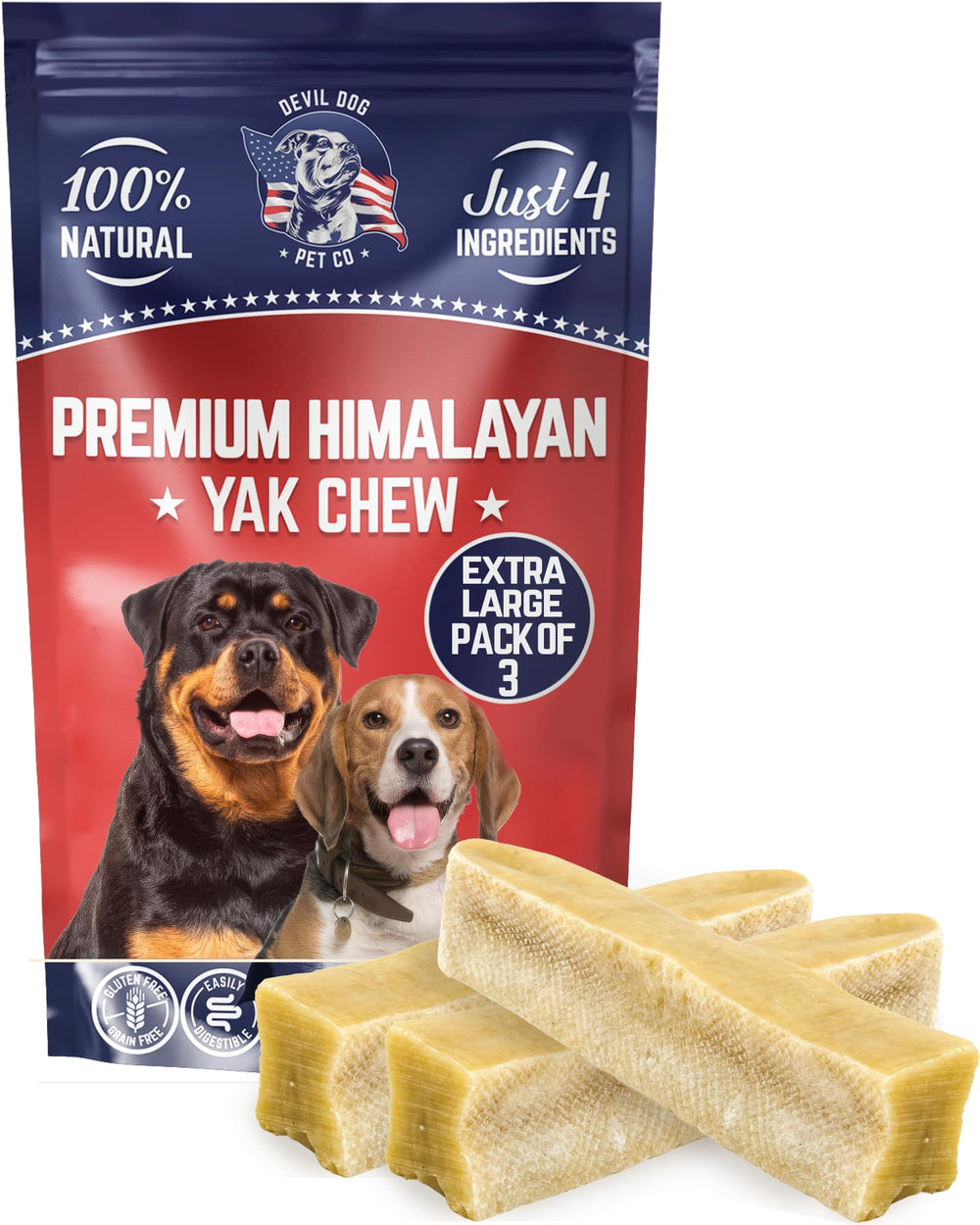 Devil Dog Yak Chews: empaque de 3 piezas para perros grandes, masticación segura.