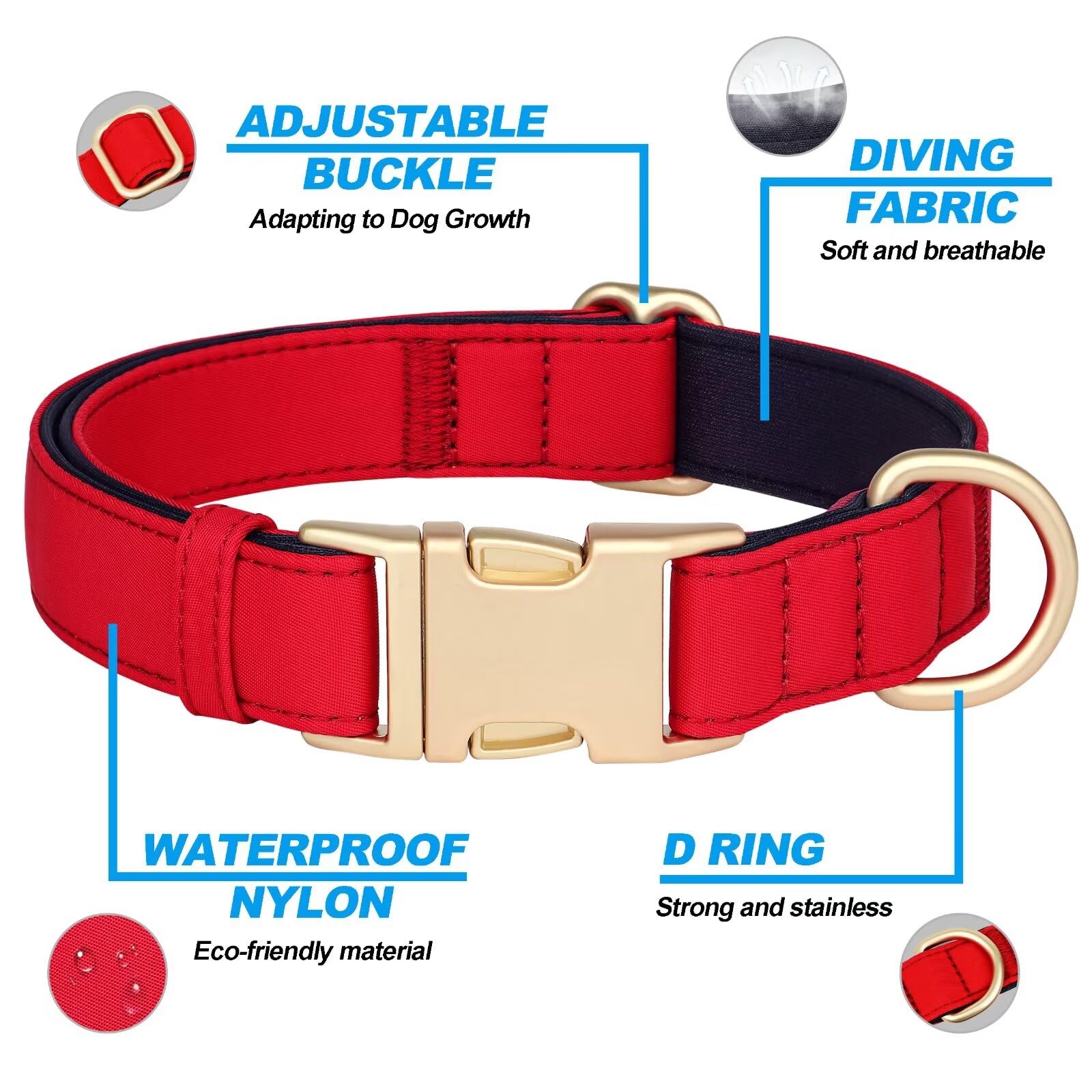 Didog collar con ajuste preciso en rojo, ideal para paseos diarios