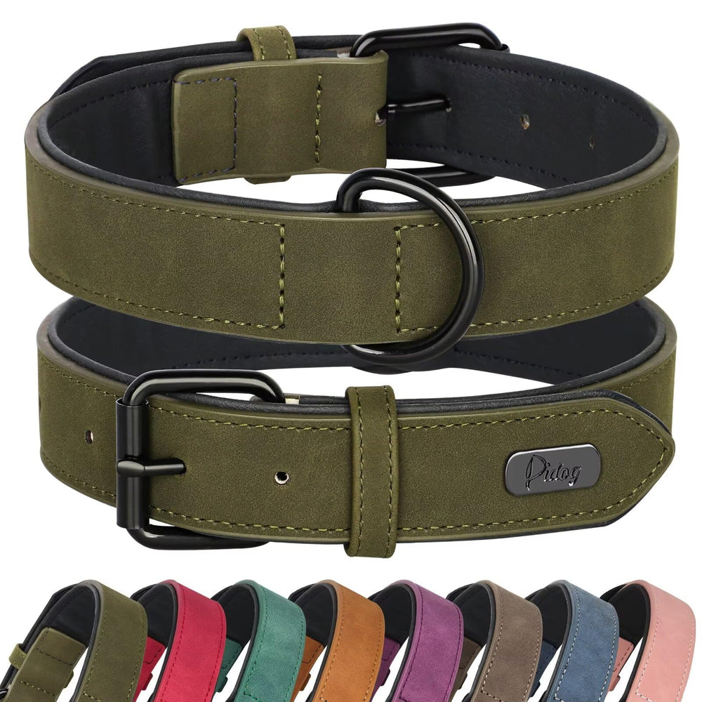 Didog collar de cuero acolchado verde oscuro, ideal para paseos cómodos de gran tamaño.