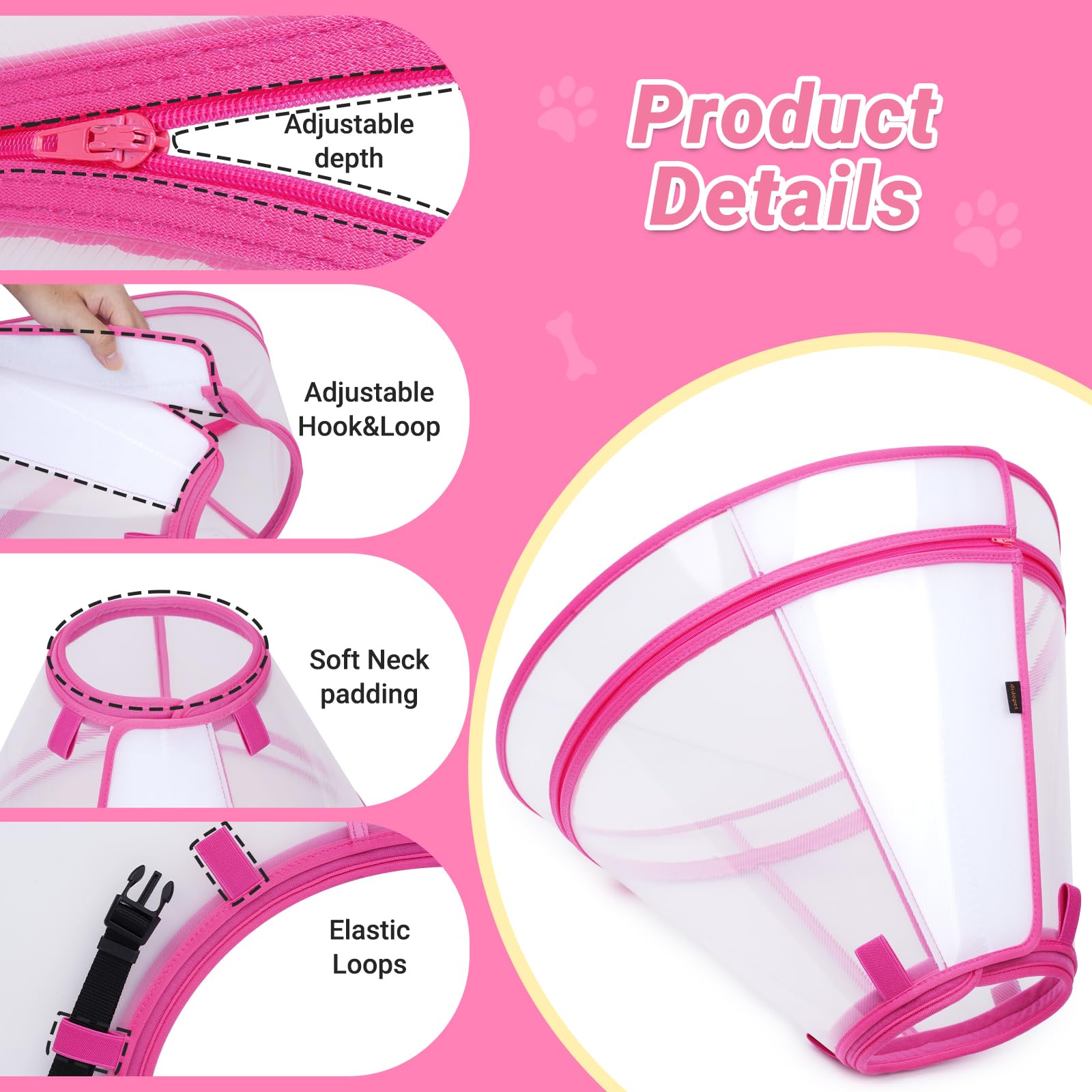 Ajuste seguro del collar Didopet rosa L con cierre y aros elásticos