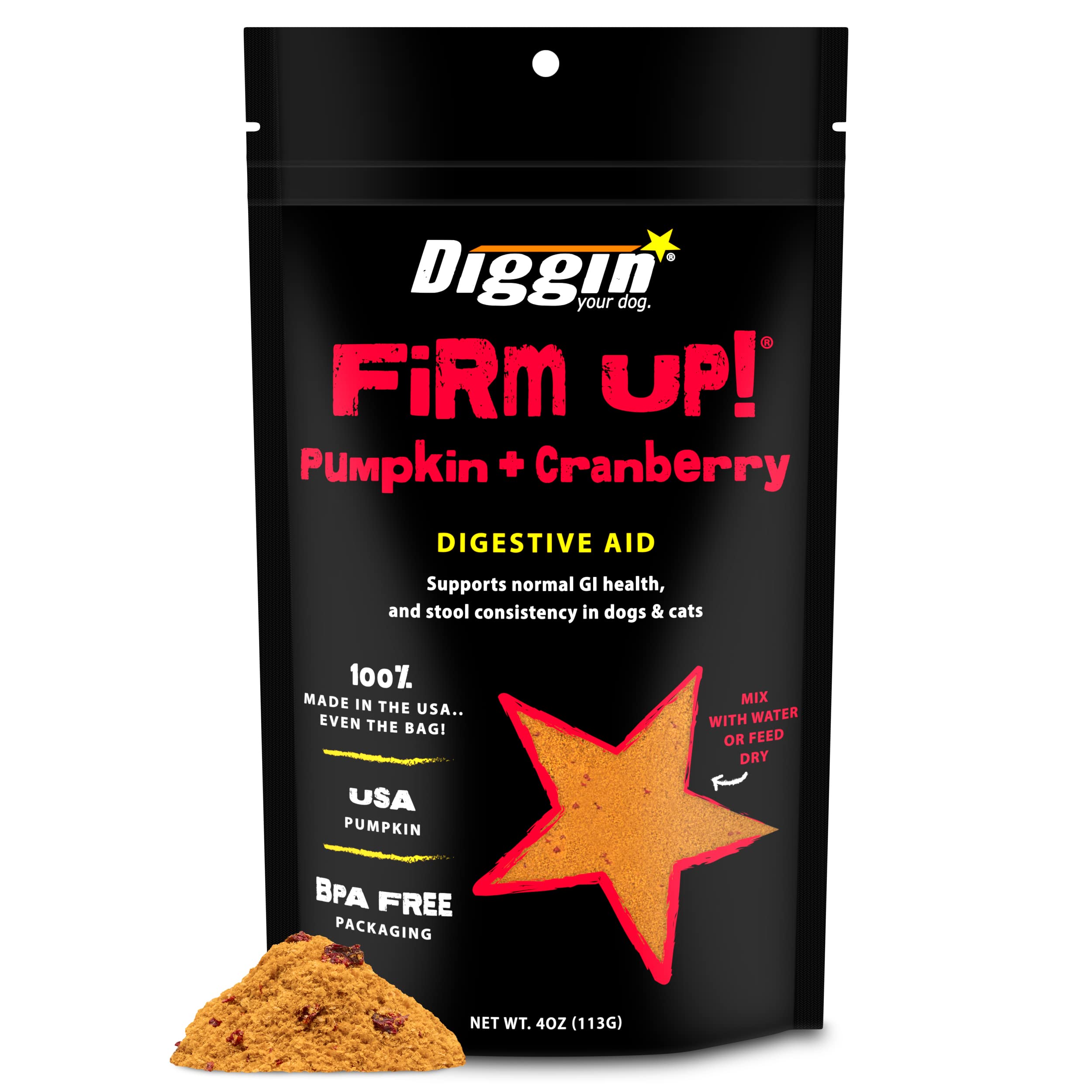 Diggin' Your Dog FiRM UP calabaza en polvo para apoyar la digestión diaria.