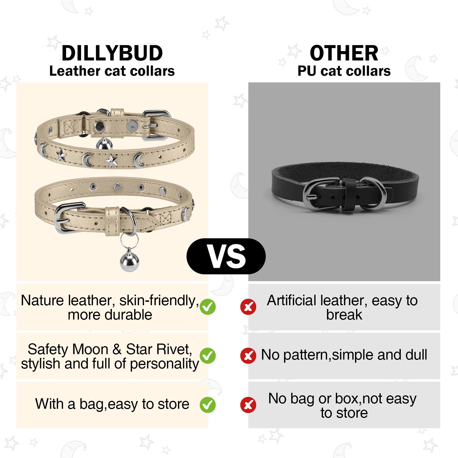 Collar DILLYBUD con ajuste de 7–9 pulgadas para un encaje personalizado.