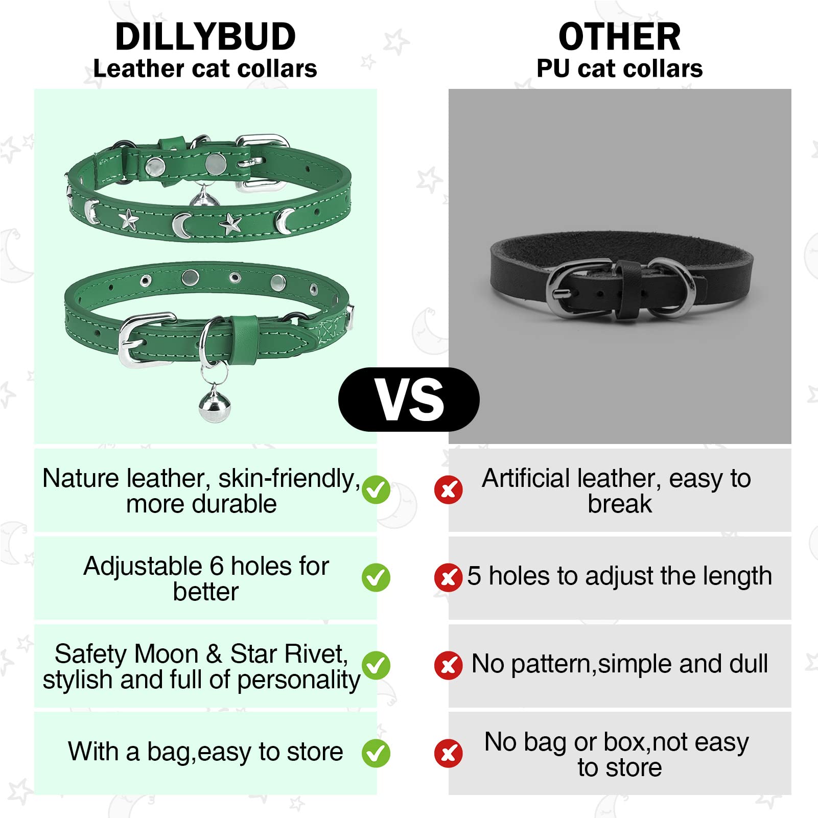DILLYBUD collar de cuero suave y cómodo para gatos.