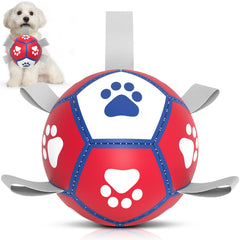 Diman pelota fútbol para perro pequeño con cintas, ideal para juego al aire libre.