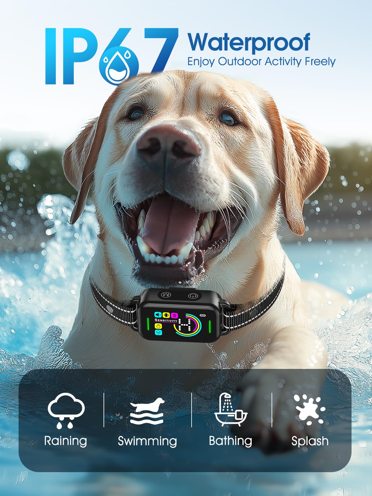 DINJOO collar anti ladridos – uso exterior, impermeable IP67 para lluvia y baño.
