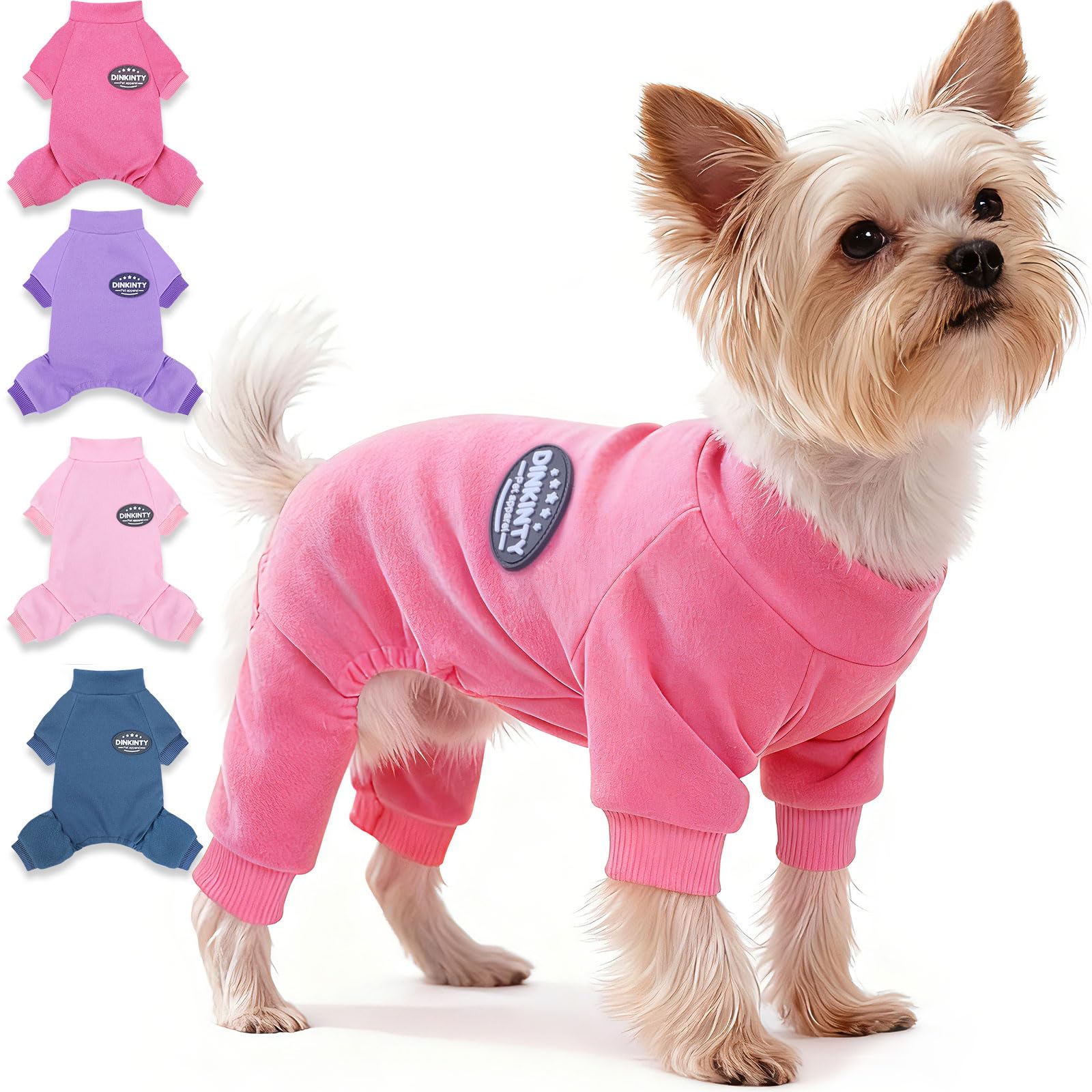 Dinkinty pijama perro rosa frente, mantiene a tu mascota cálida en paseos.