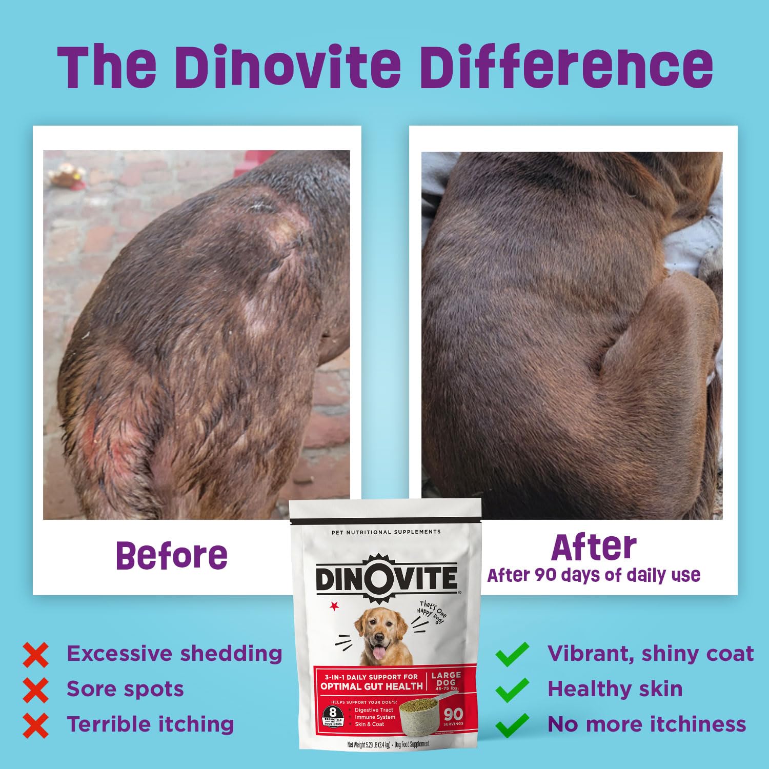 Dinovite 3 en 1 Probiotico para perros: alivio del picor y confort de piel.