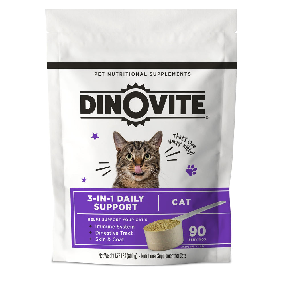 Dinovite para gatos, botella de suplemento, apoyo digestivo y piel saludable.