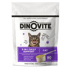 Dinovite para gatos, botella de suplemento, apoyo digestivo y piel saludable.