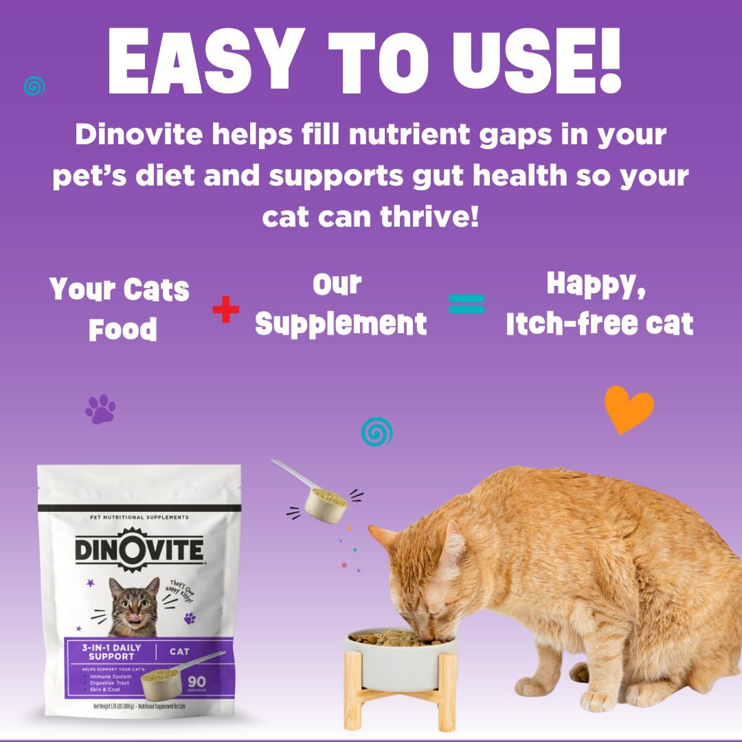 Paquete de Dinovite, ingredientes y probióticos para la salud del gato.