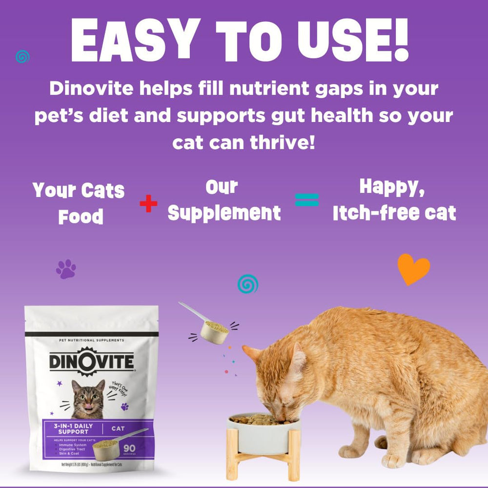 Paquete de Dinovite, ingredientes y probióticos para la salud del gato.