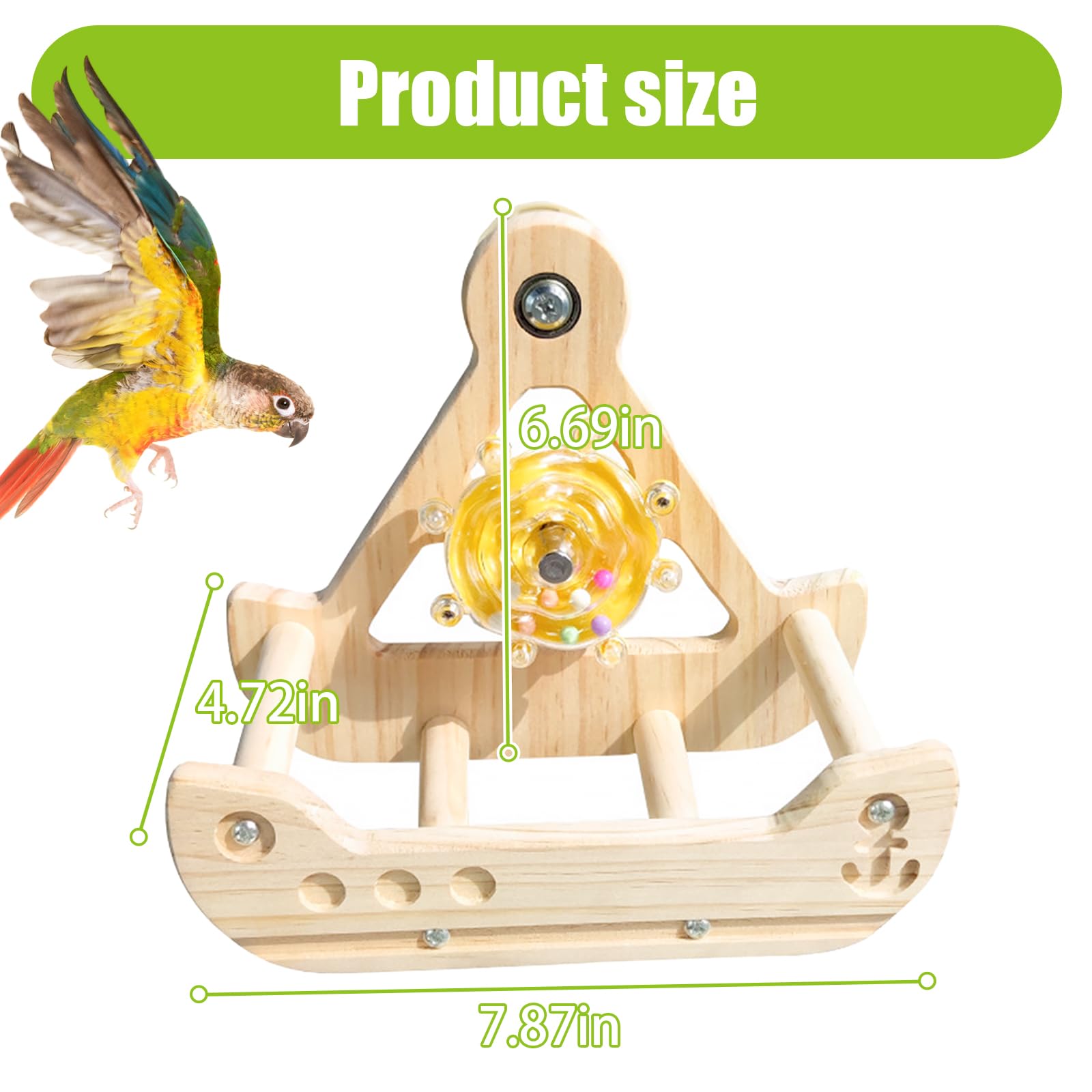 Rueda-ejercicio para aves de madera, promueve actividad física.