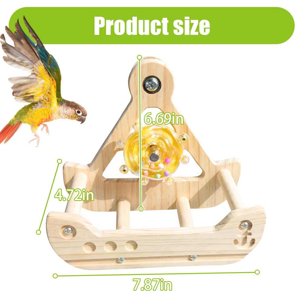 Rueda-ejercicio para aves de madera, promueve actividad física.