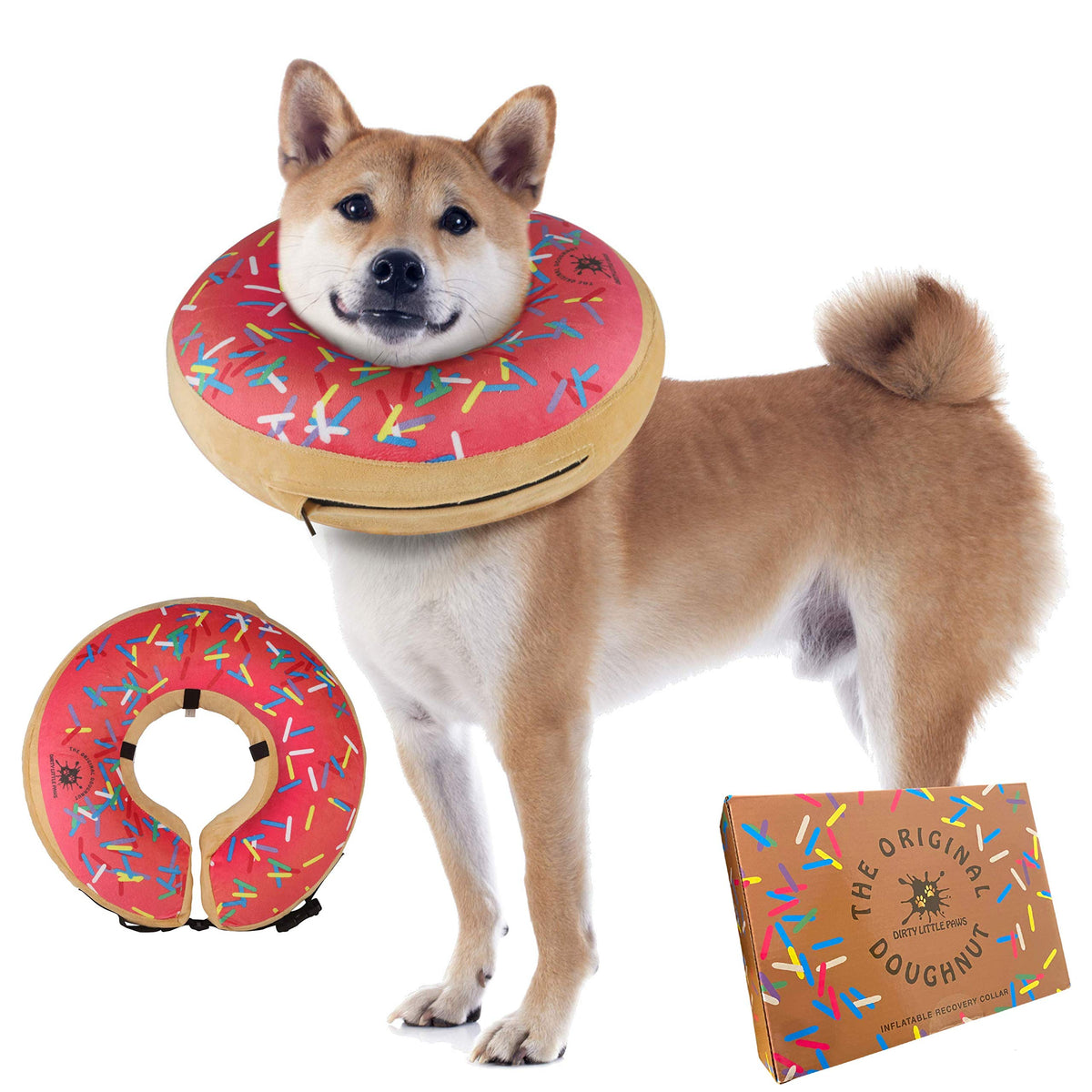 Collar Donut rosa de Dirty Little Paws visto de frente, cómodo para el perro.