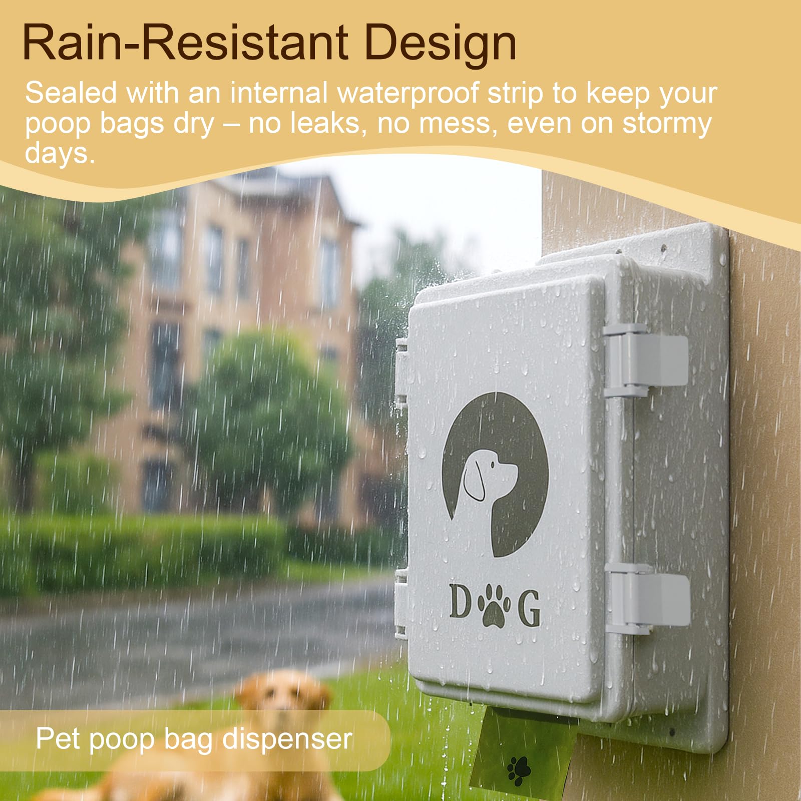Dispensador de bolsas para excrementos de perro, diseño compacto para patios.