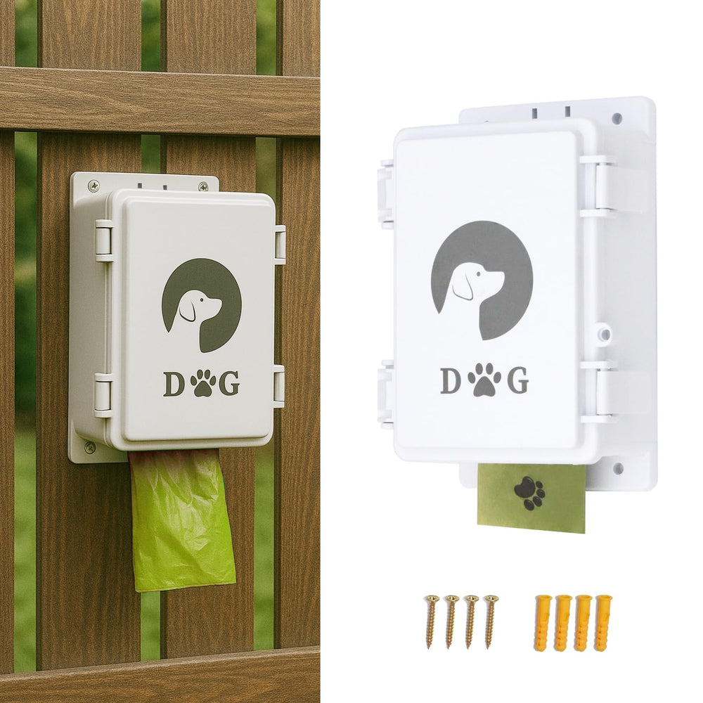 Dispensador de bolsas para excrementos de perro montado en pared, acceso rápido y limpio.