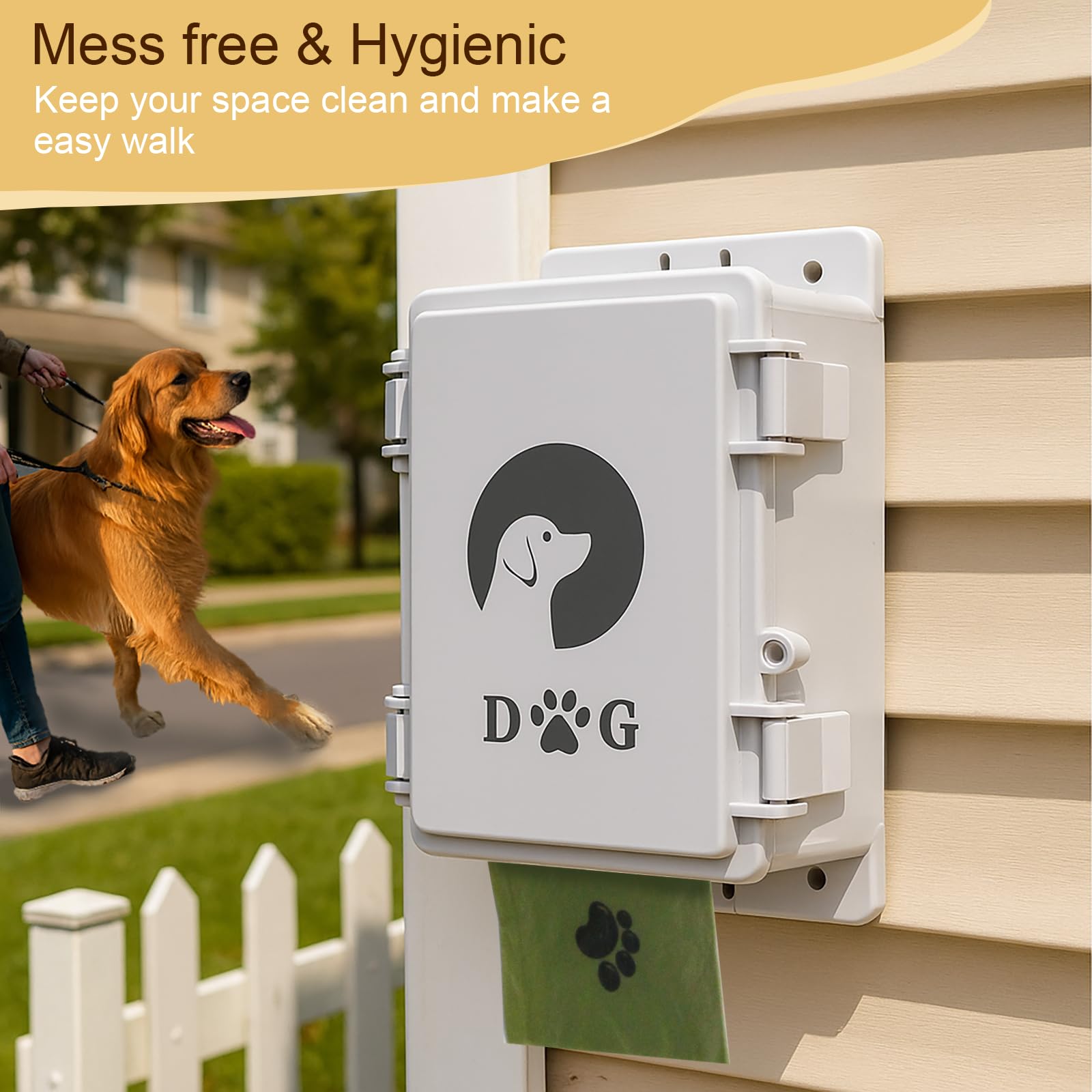 Dispensador de bolsas para excrementos de perro montado en pared, resistente al agua para uso exterior.