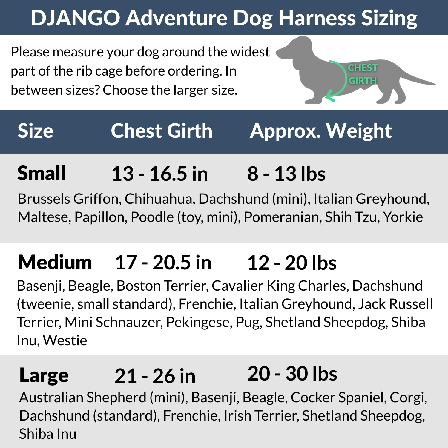 DJANGO Aventura guía de tallas para ajuste preciso en razas pequeñas.