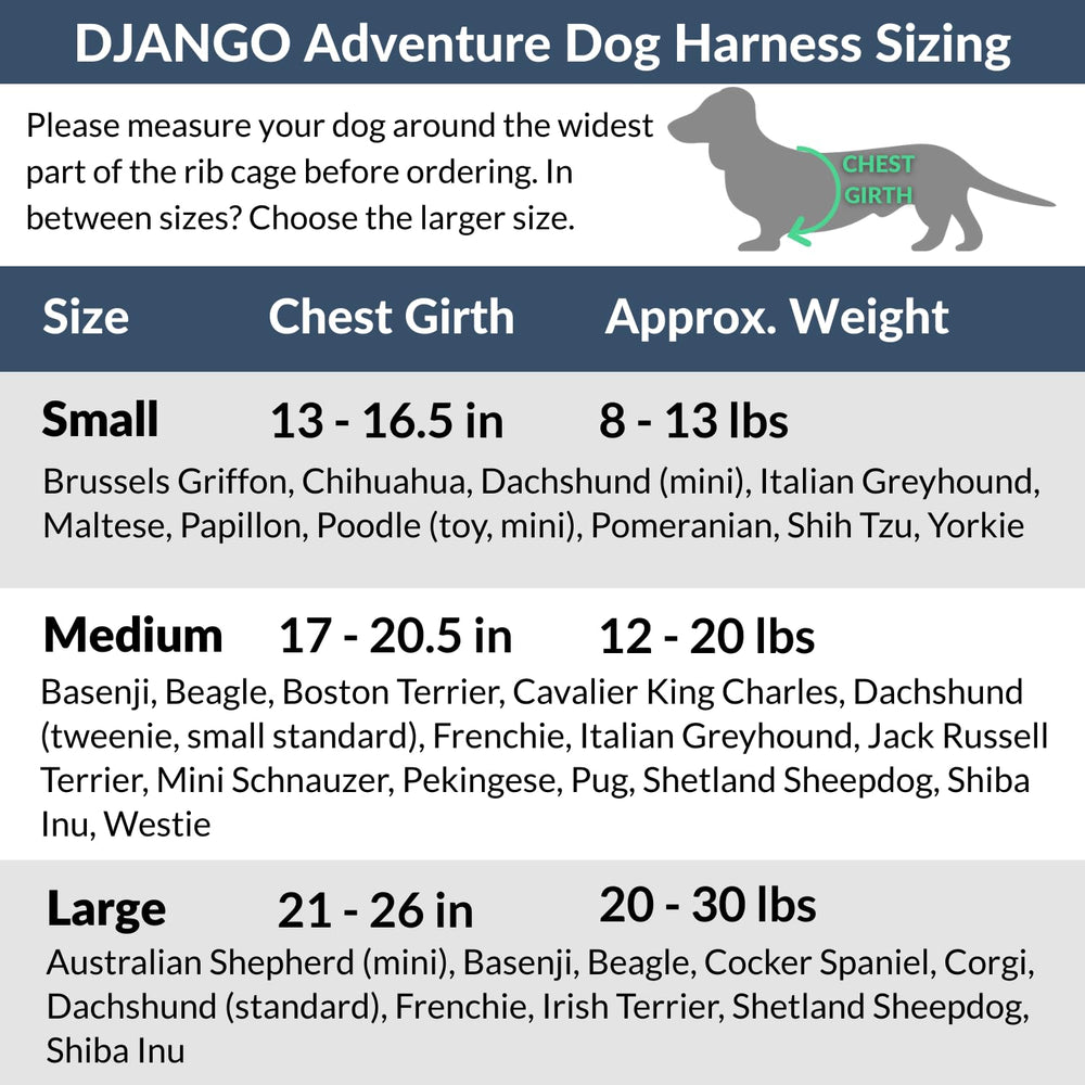 DJANGO Aventura guía de tallas para ajuste preciso en razas pequeñas.