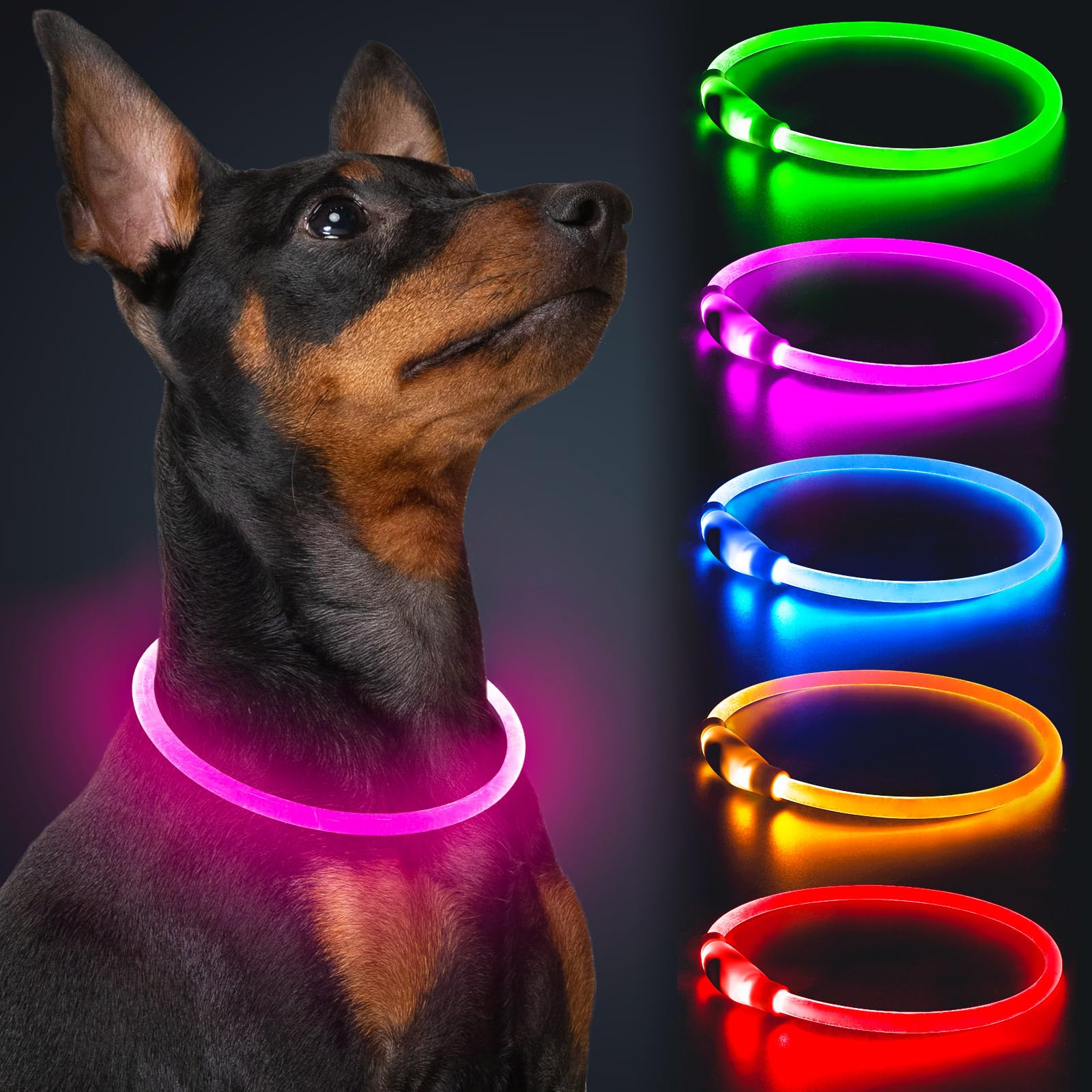 Collar LED Dlitk para perros en rosa, iluminación visible para paseos nocturnos