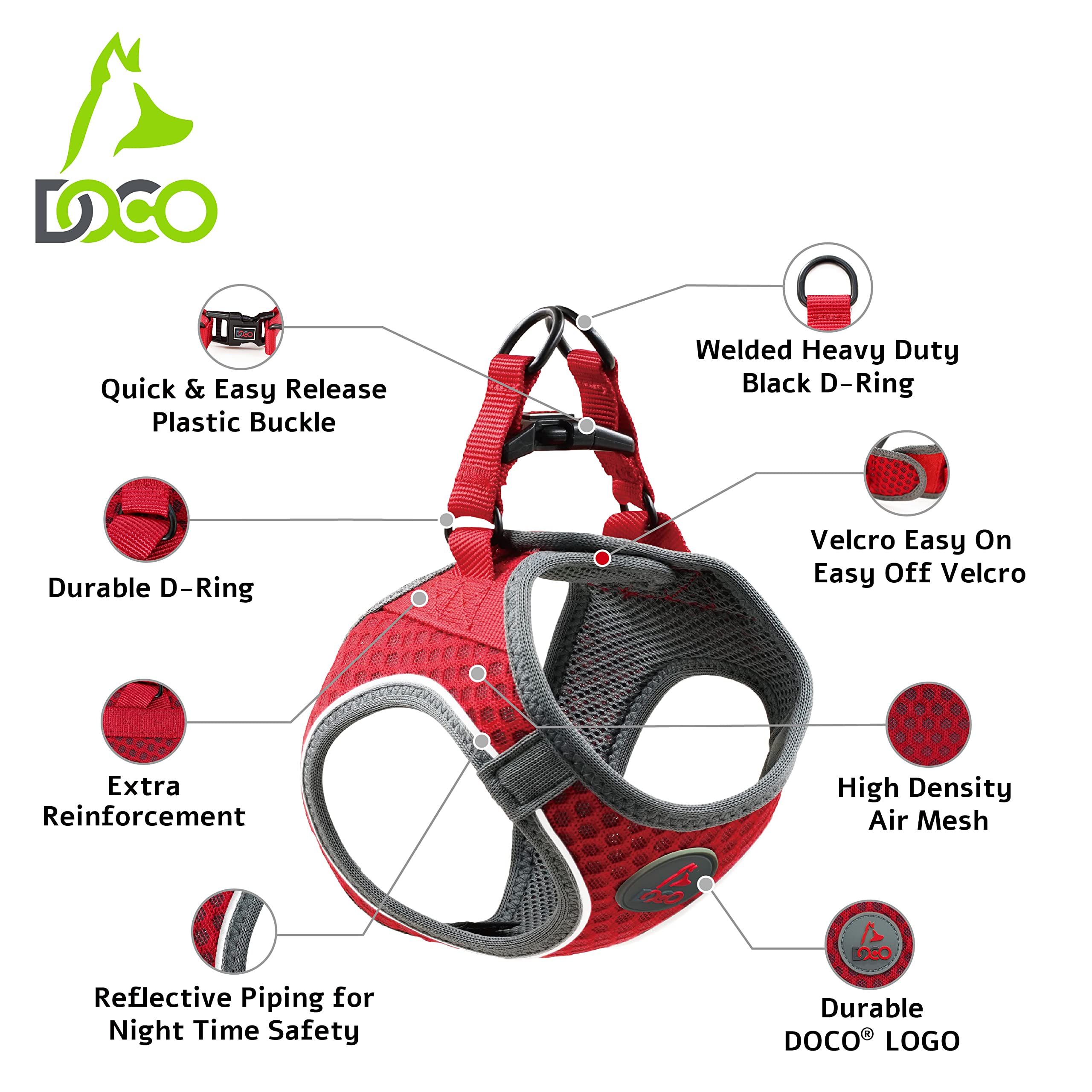 Arnés DOCO reflectivo para caminatas nocturnas, aumenta visibilidad y seguridad.