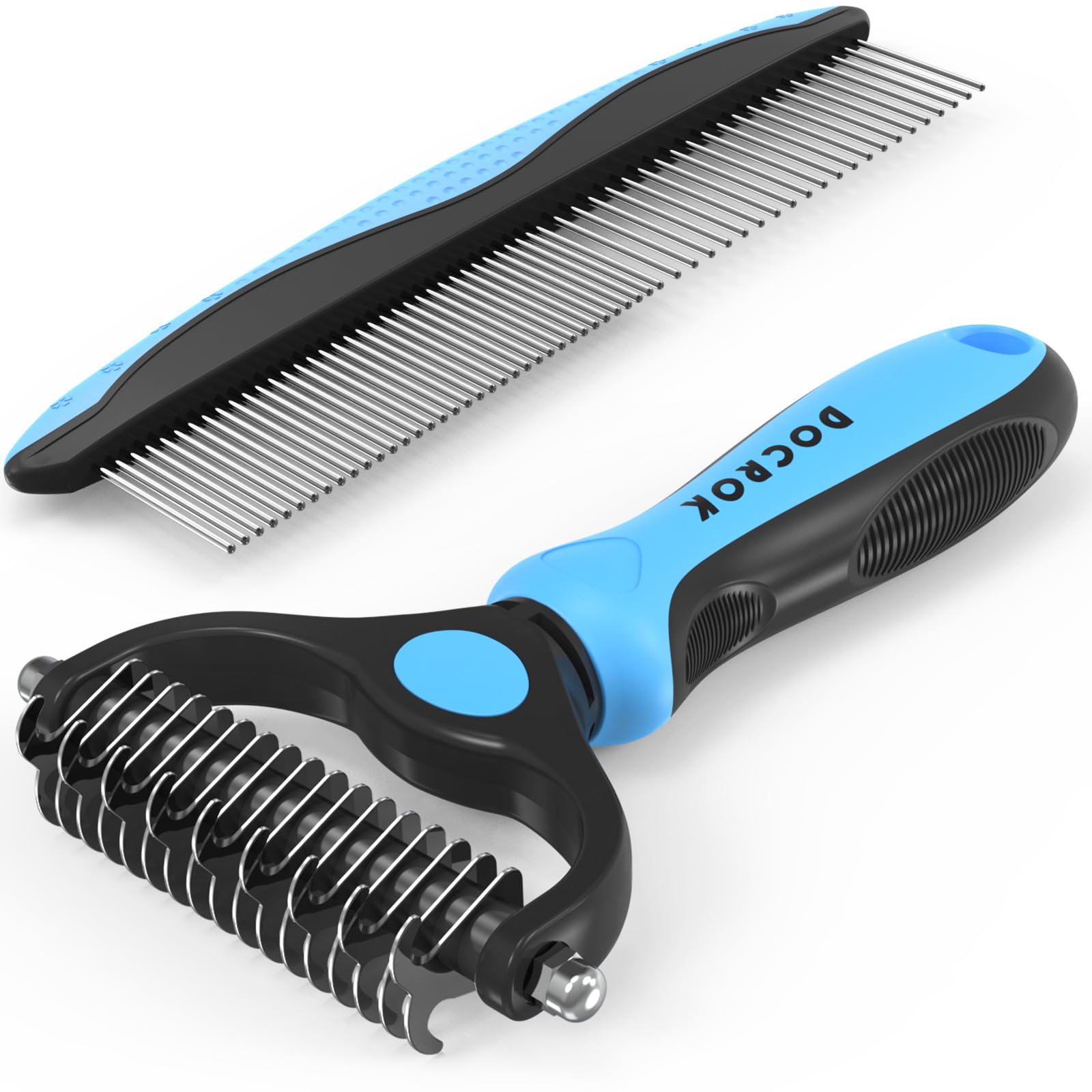 Docrok cepillo deslanado azul para mascotas alivia enredos y reduce desprendimiento.