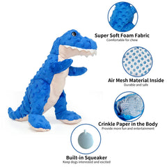 Dododola juguete dinosaurio azul con crujido y chirriador, ideal para perros activos.