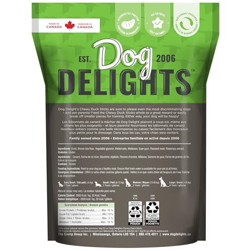 Dog Delights palitos masticables de pato, textura atractiva para perros quisquillosos.