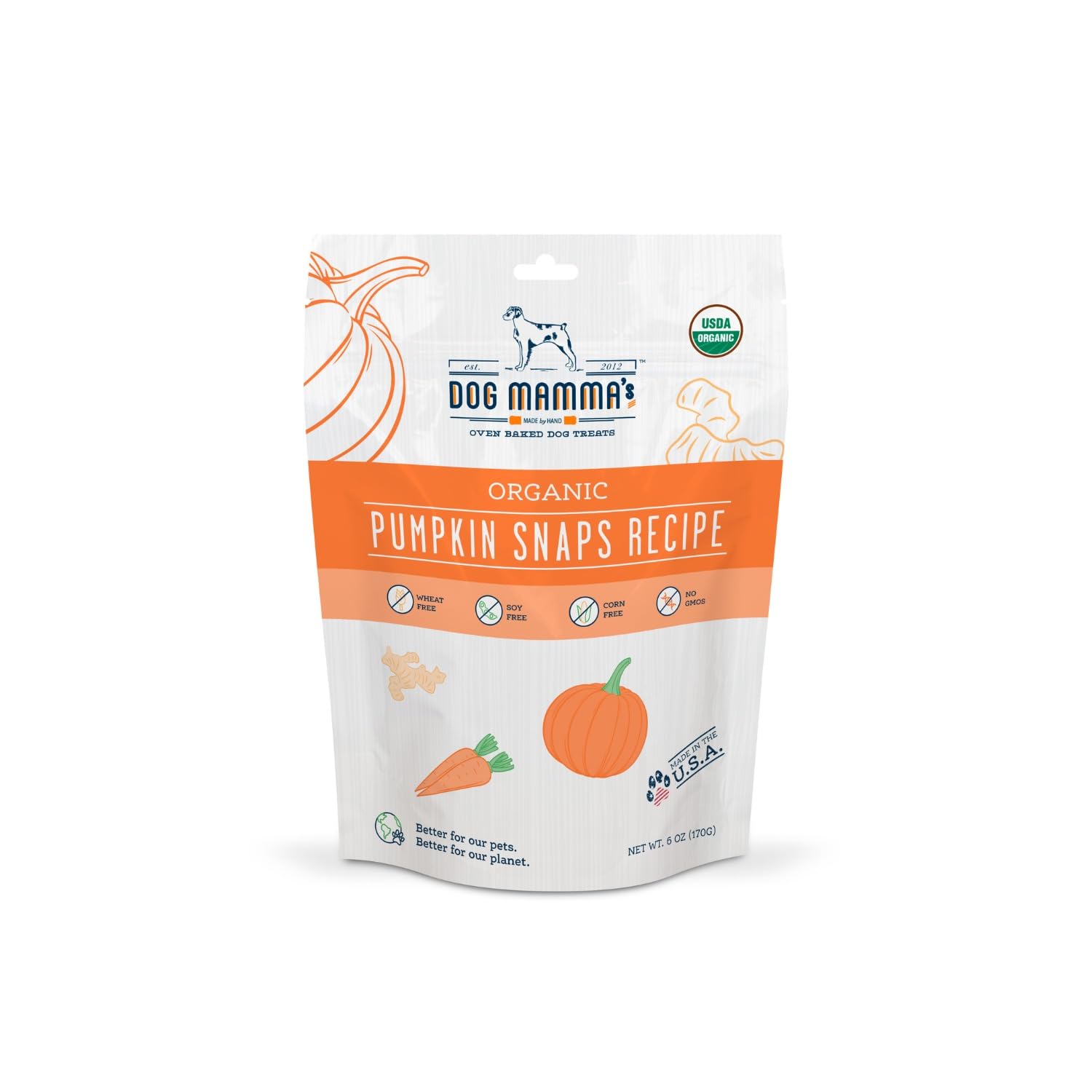 Dog Mamma's Snaps de calabaza orgánica en bolsa, snack sabroso y natural.