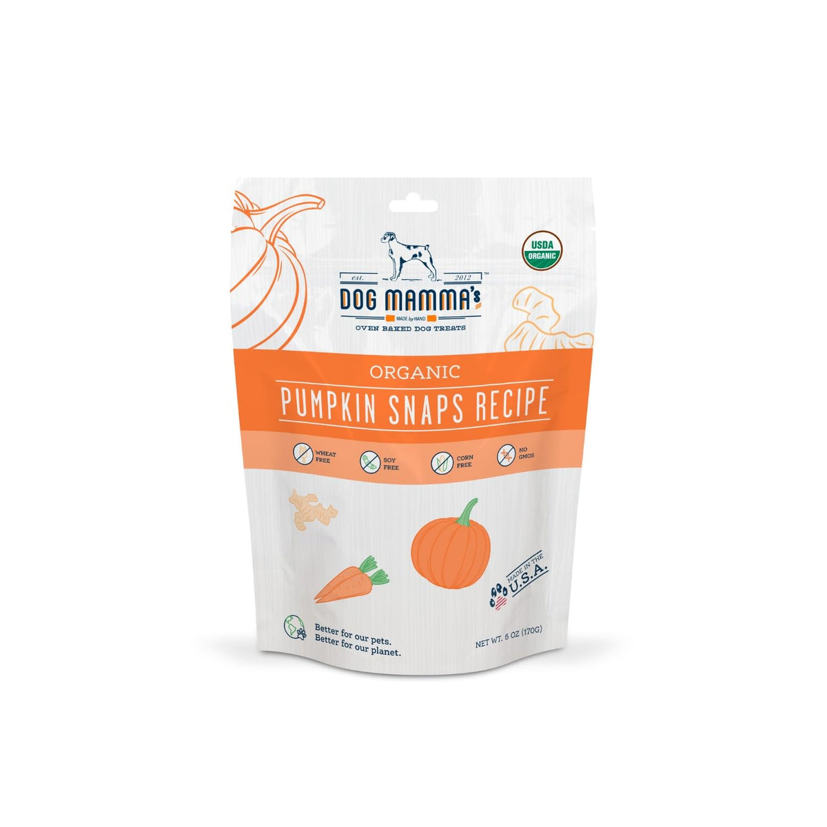 Dog Mamma's Snaps de calabaza orgánica en bolsa, snack sabroso y natural.