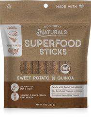 Golosinas Dog Treat Naturals bastones de batata dulce y quinoa para entrenamiento.