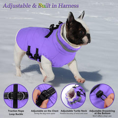 Dogcheer abrigo con arnés Taro Purple espalda, combinación chaqueta y arnés para uso diario