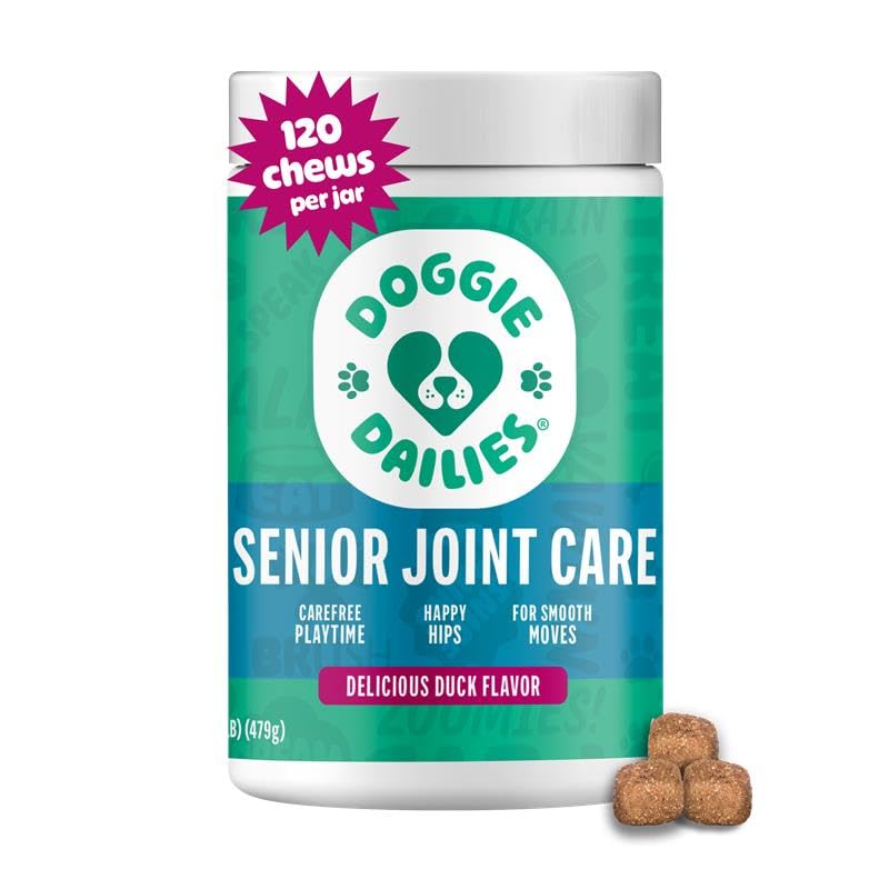 Doggie Dailies en botella, sabor pato, apoyo diario a las articulaciones de perros.