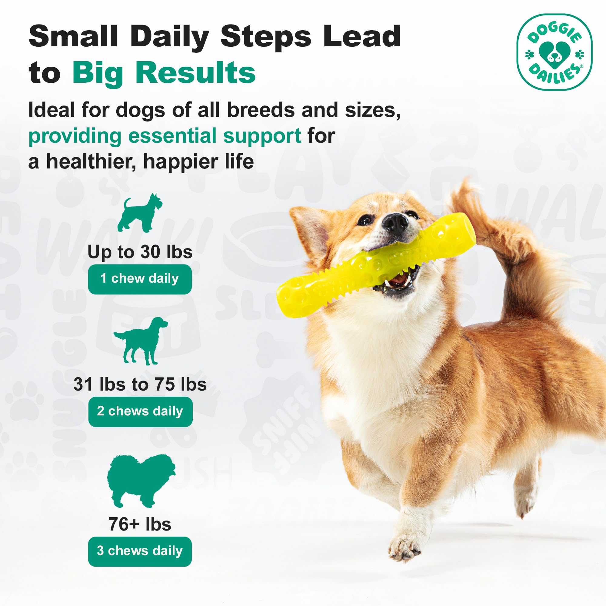 Doggie Dailies gomitas sabor pato, palatabilidad aprobada para perros exigentes.
