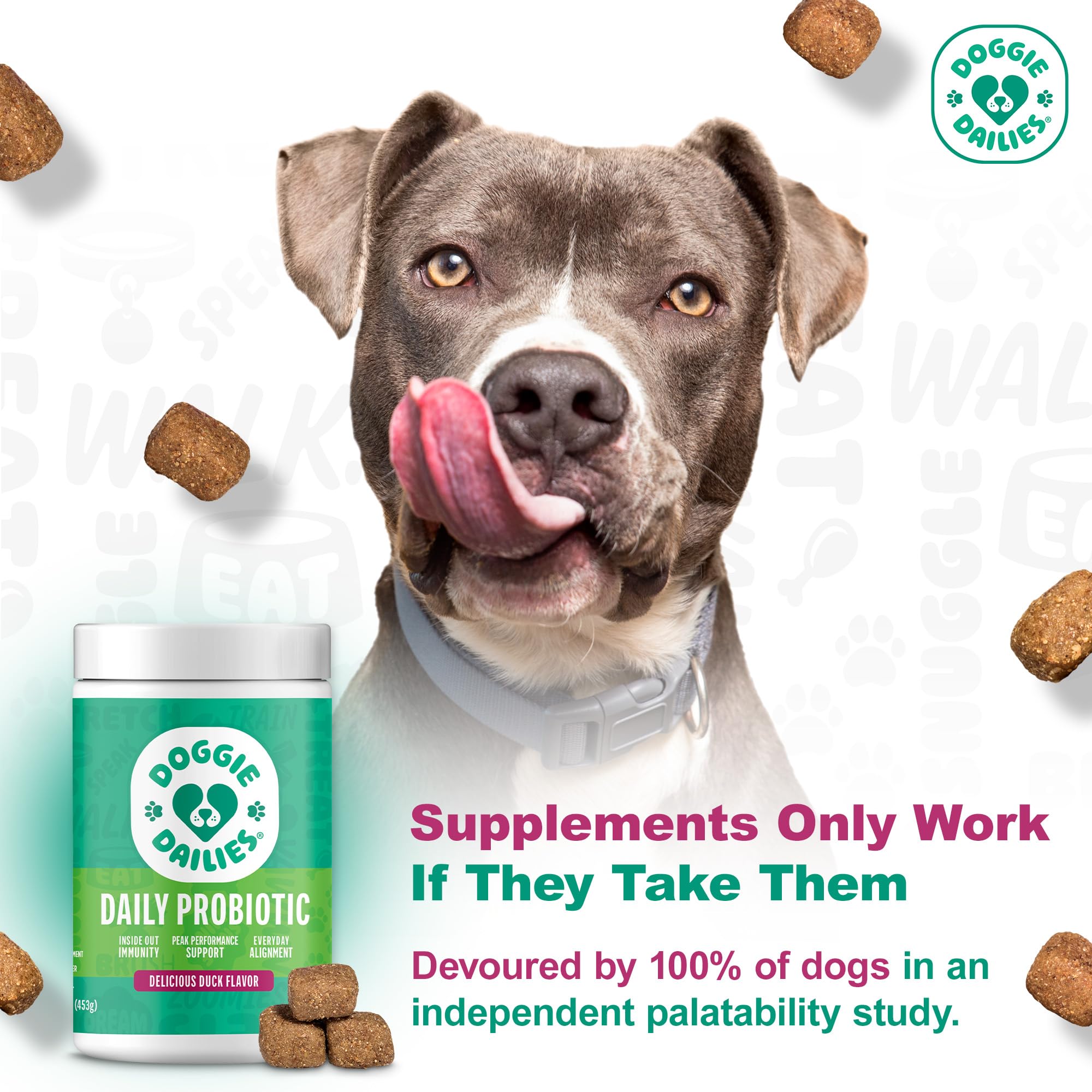 Doggie Dailies Probiotics: masticables sabor pato para toma diaria.