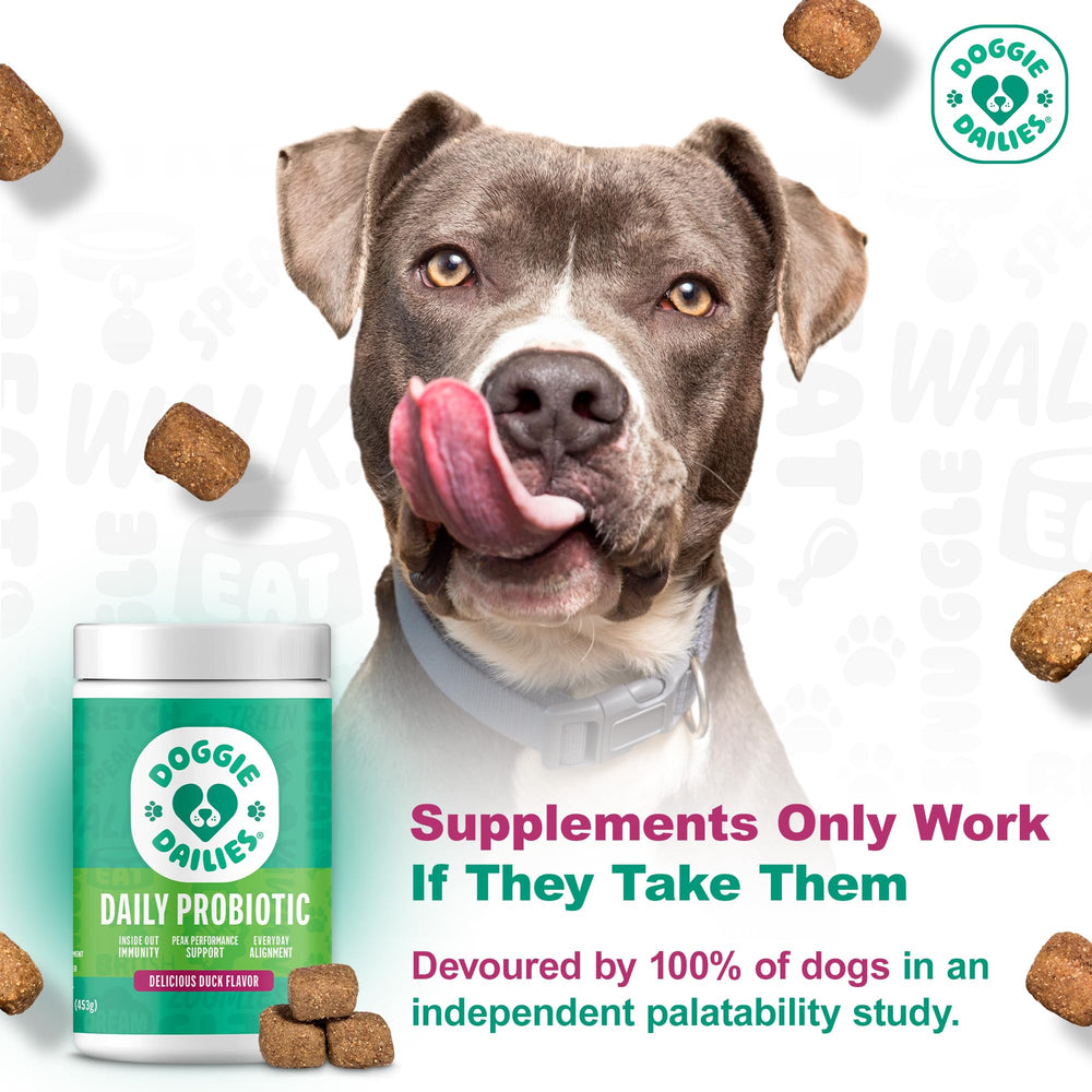 Doggie Dailies Probiotics: masticables sabor pato para toma diaria.