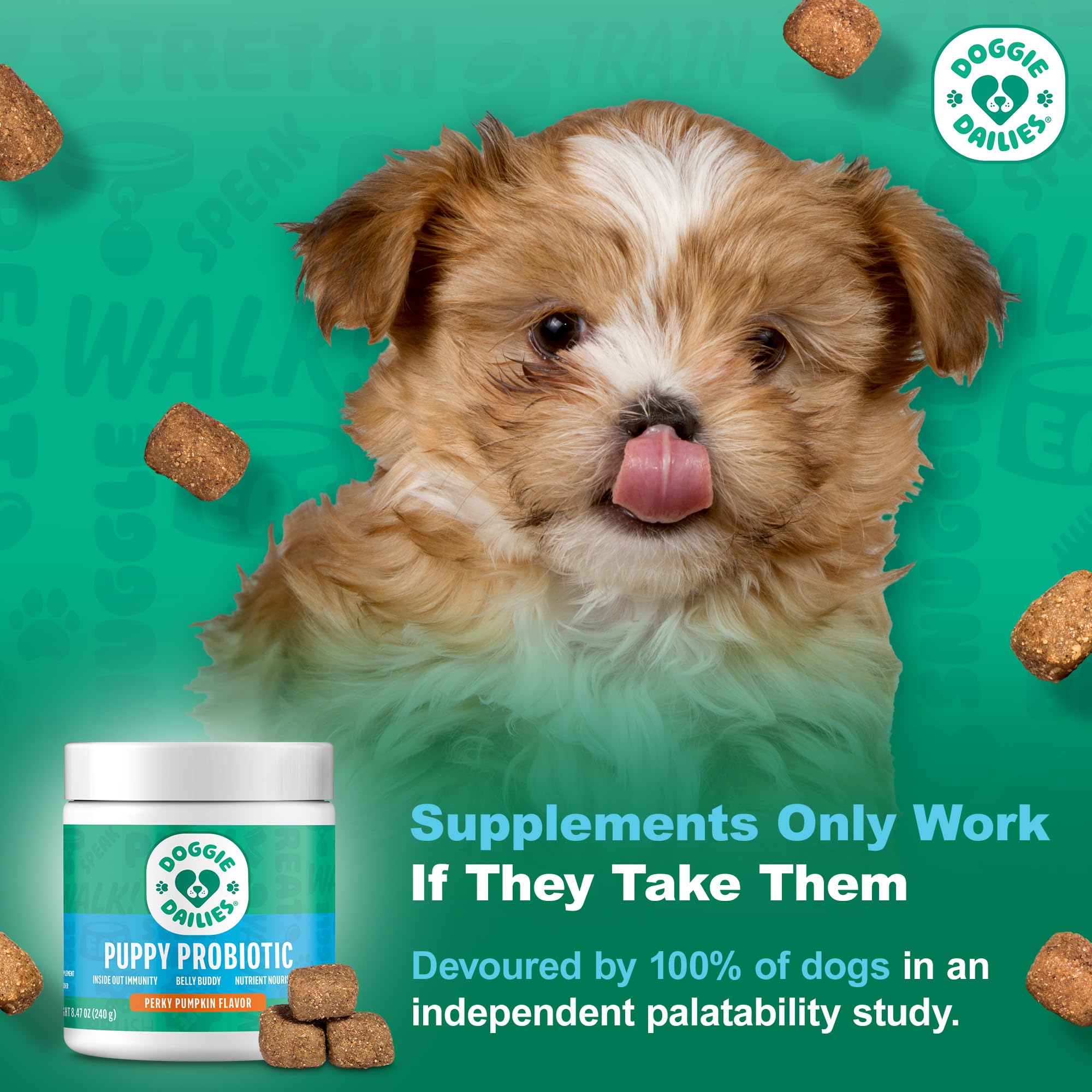 Doggie Dailies Puppy Probiotic bote: dosis precisa por tamaño de perro.