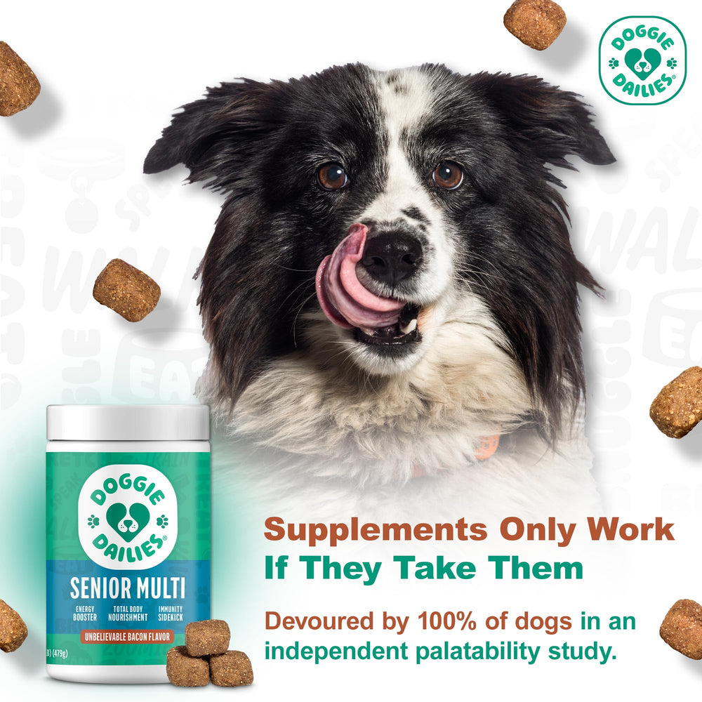 Doggie Dailies Senior Essentials, piel y pelo brillantes gracias a omega y aceite de pescado.
