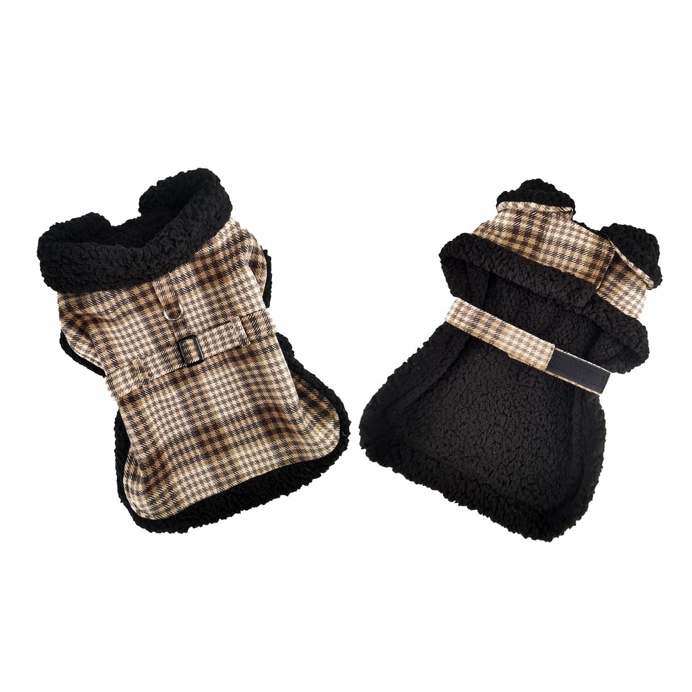 Doggie Design abrigo para perro con forro sherpa y cuadros marrón-blanco, cálido para paseos.