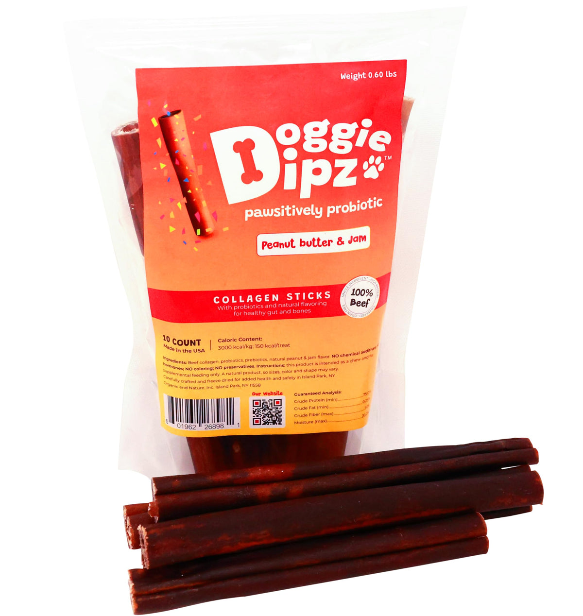 Doggie Dipz palitos de colágeno de res, diez unidades, masticación prolongada y sabor natural