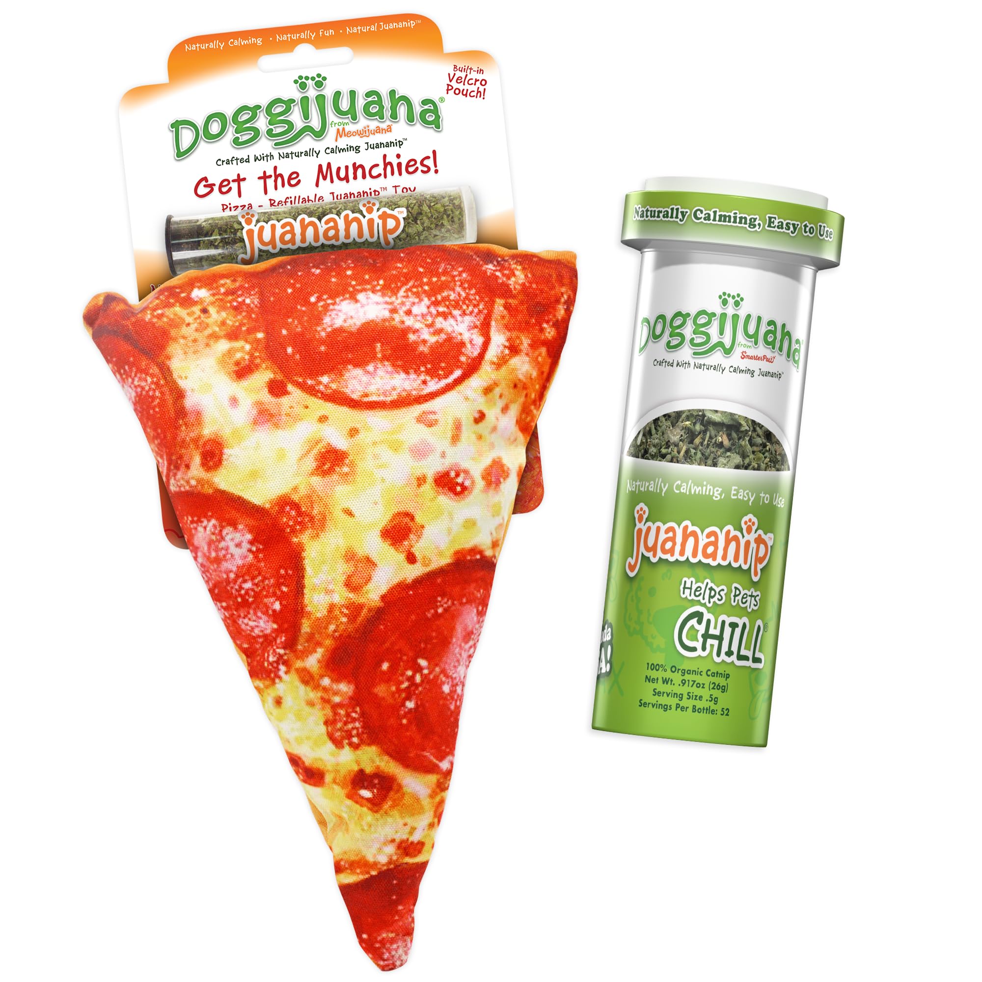 Doggijuana juguete interactivo con paquete pizza para perros, ideal para juego compartido.