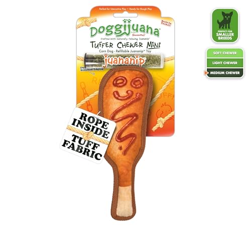Doggijuana Tuffer Mini con Juananip catnip, ideal para masticar y calmar.