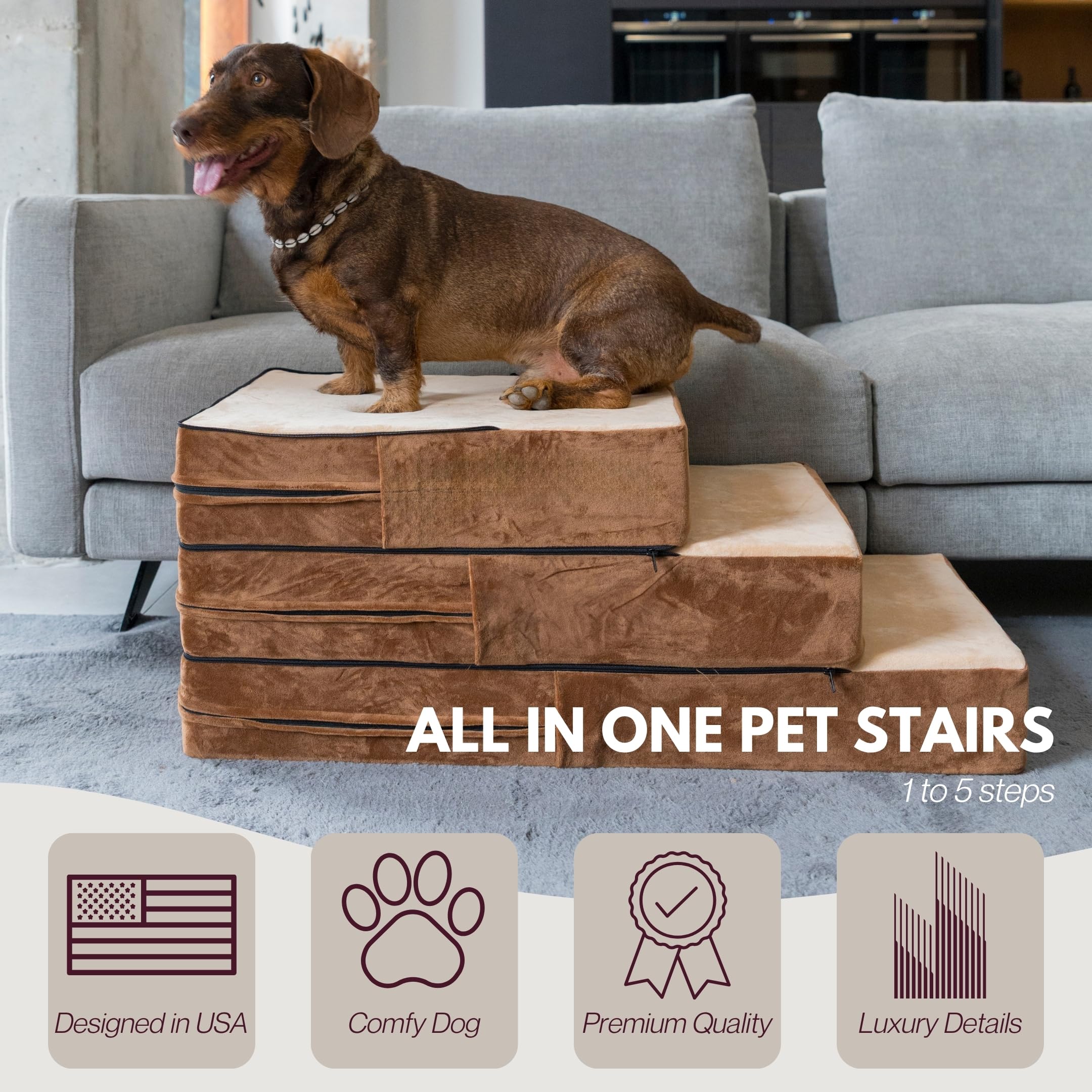 DOGGO Selection escalones ajustables 5 pasos, vista lateral, diseño moderno se adapta a cualquier habitación.