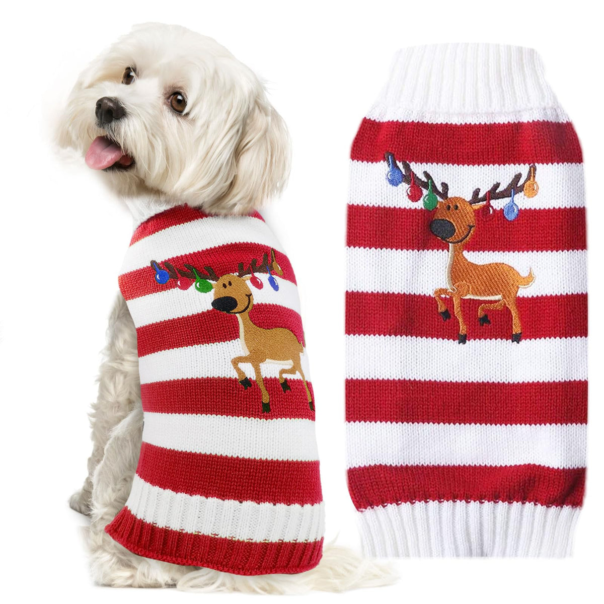 DOGGYZSTYLE sudadera navidad para perro con patrón ciervo y rayas rojas, ideal regalo.