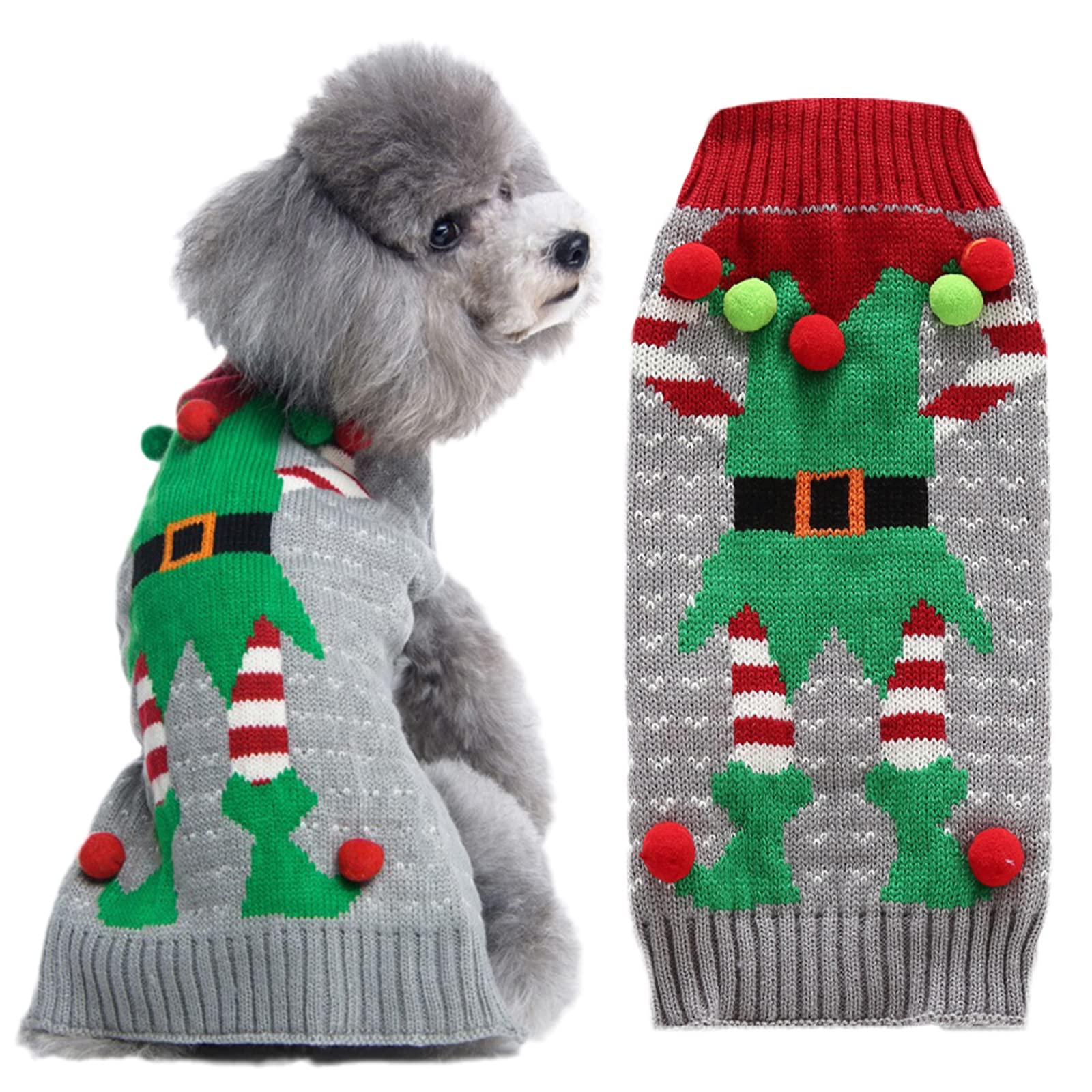 DOGGYZSTYLE suéter navideño para perros con duende gris, ideal para fotos festivas.