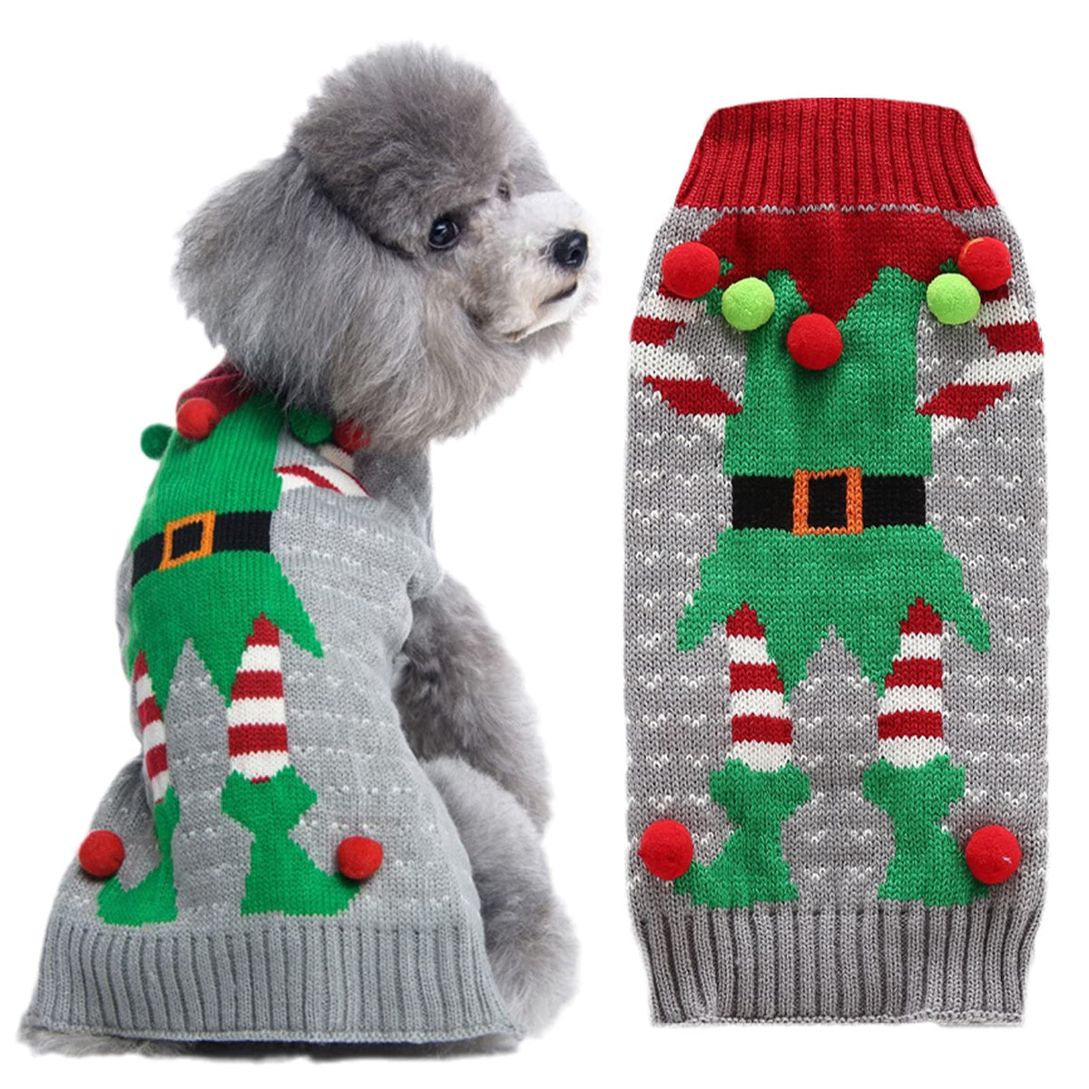 DOGGYZSTYLE suéter navideño para perros con duende gris, ideal para fotos festivas.
