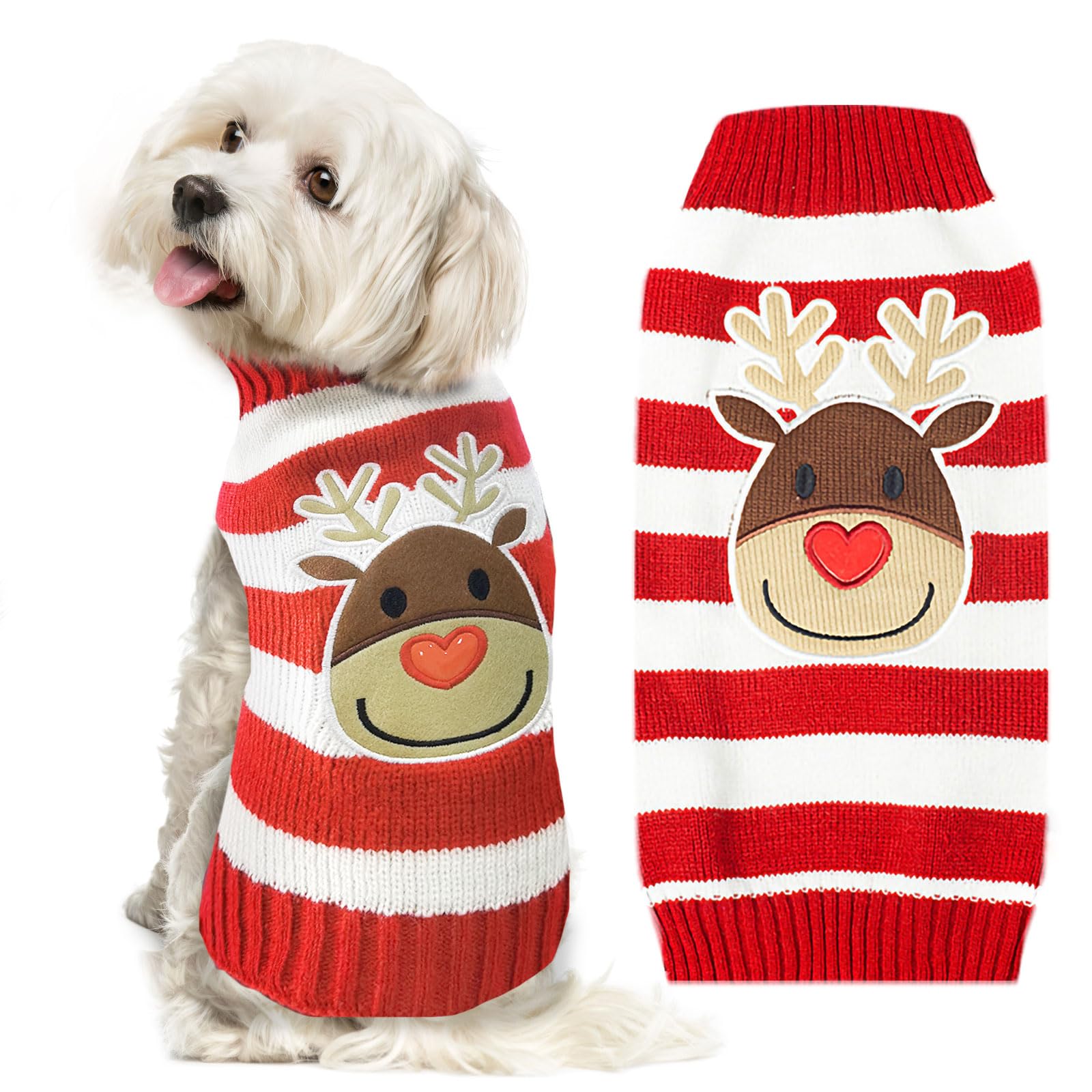 DOGGYZSTYLE suéter navideño para perro con reno y rayas, ideal para fotos festivas.
