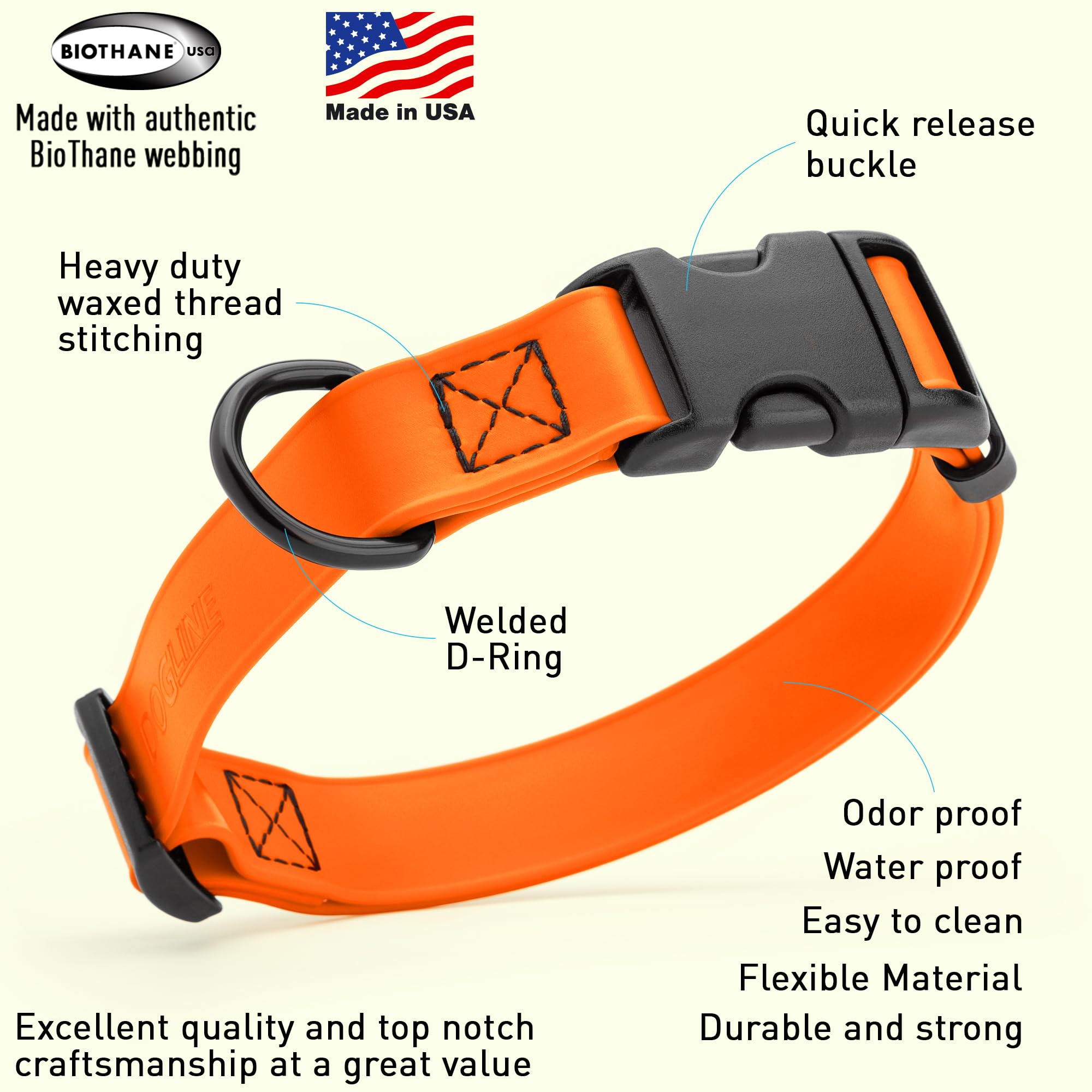 Collar Dogline Biothane impermeable con anilla en D para identificación.