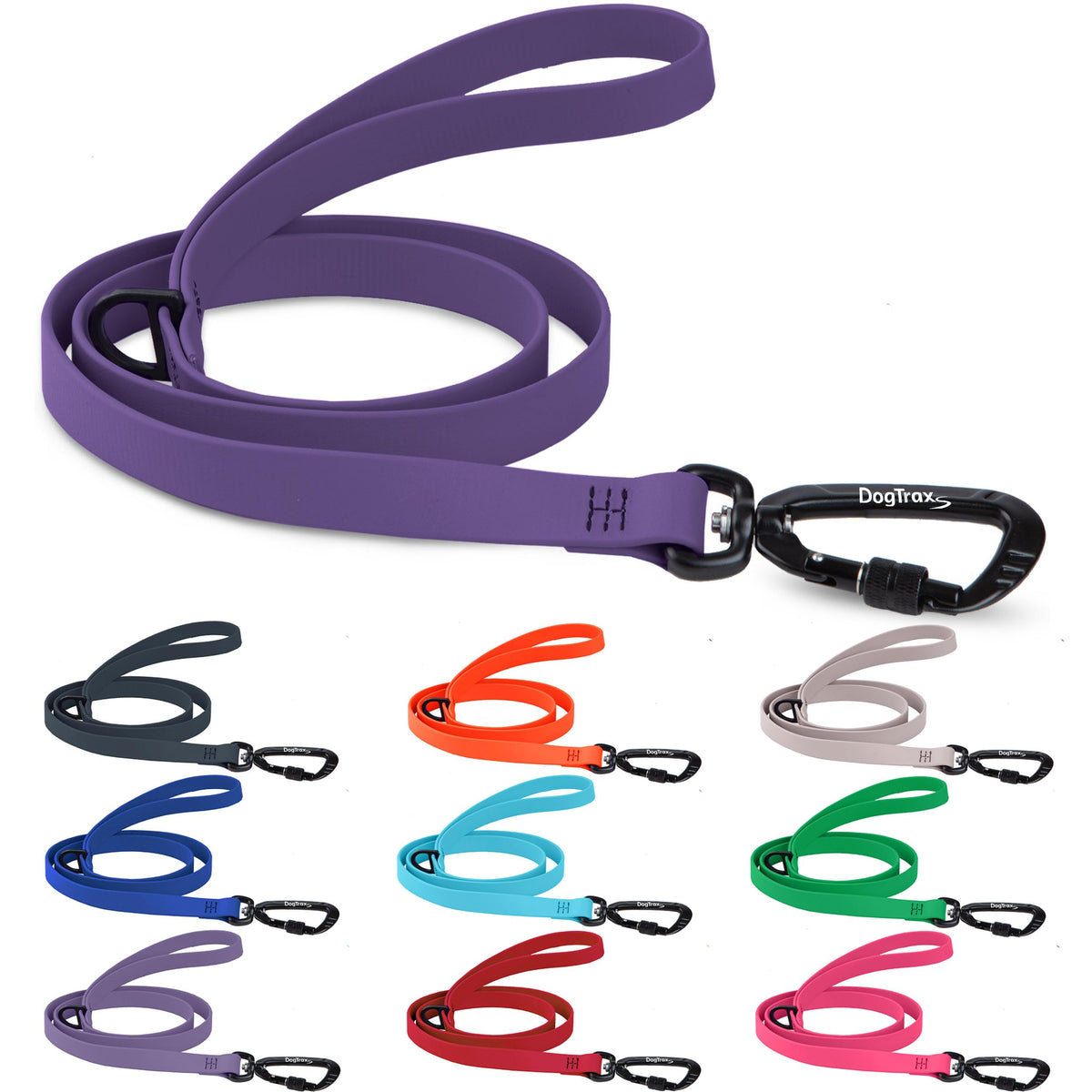 DogTraxs Correa Esencial de 5 pies morada para paseos seguros y confiables.