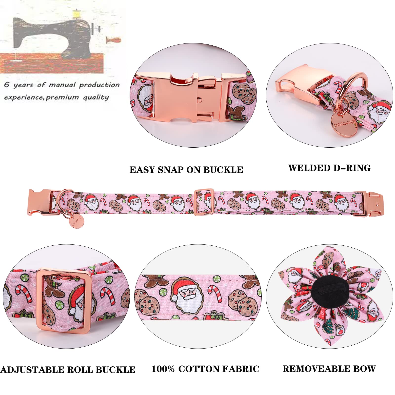 Collar DOGWONG con diseño navidad rosa y Santa; estilo festivo para perros.